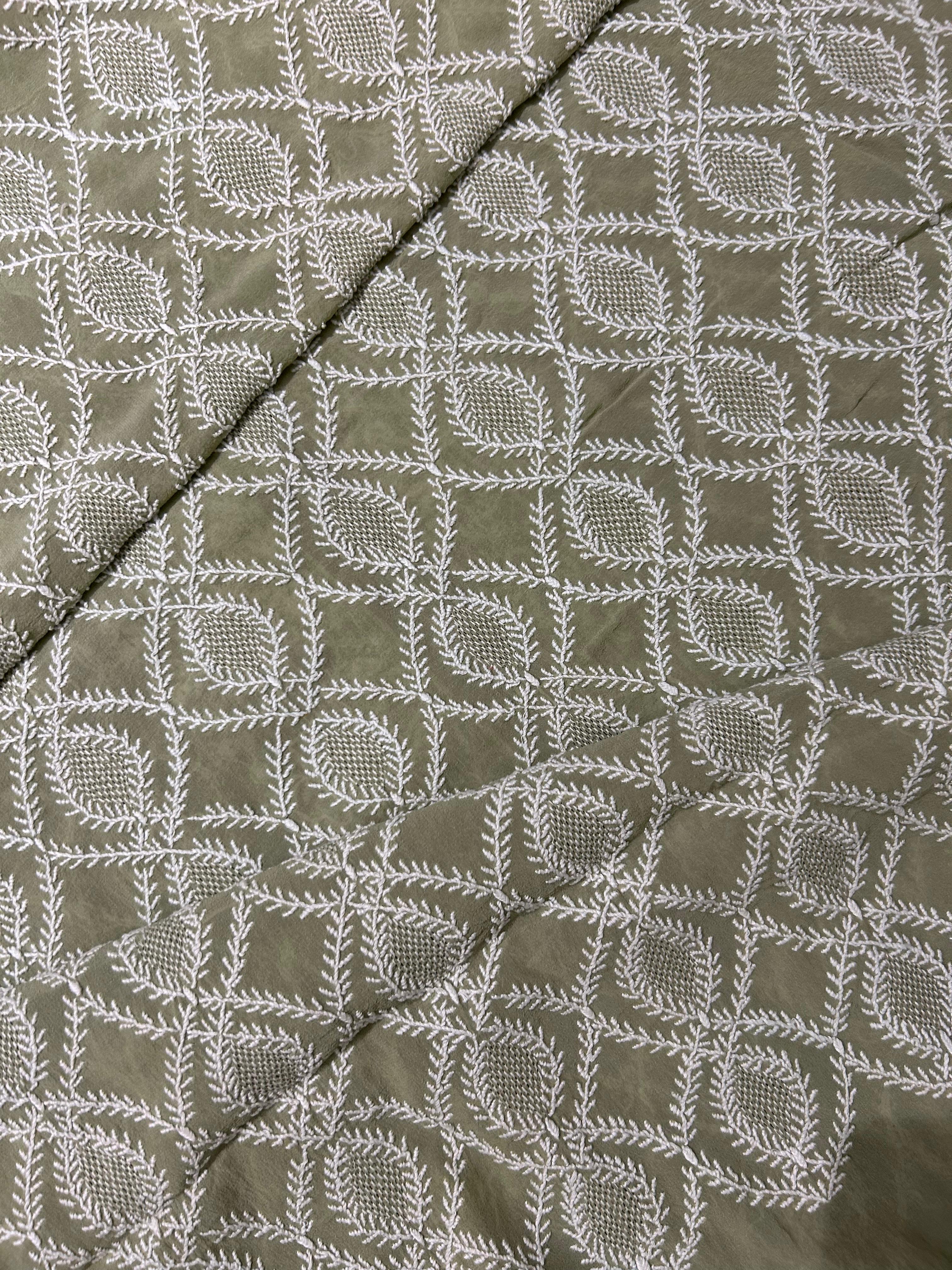 Olive Green Georgette Chikankari Mens Kurta with statement jaali