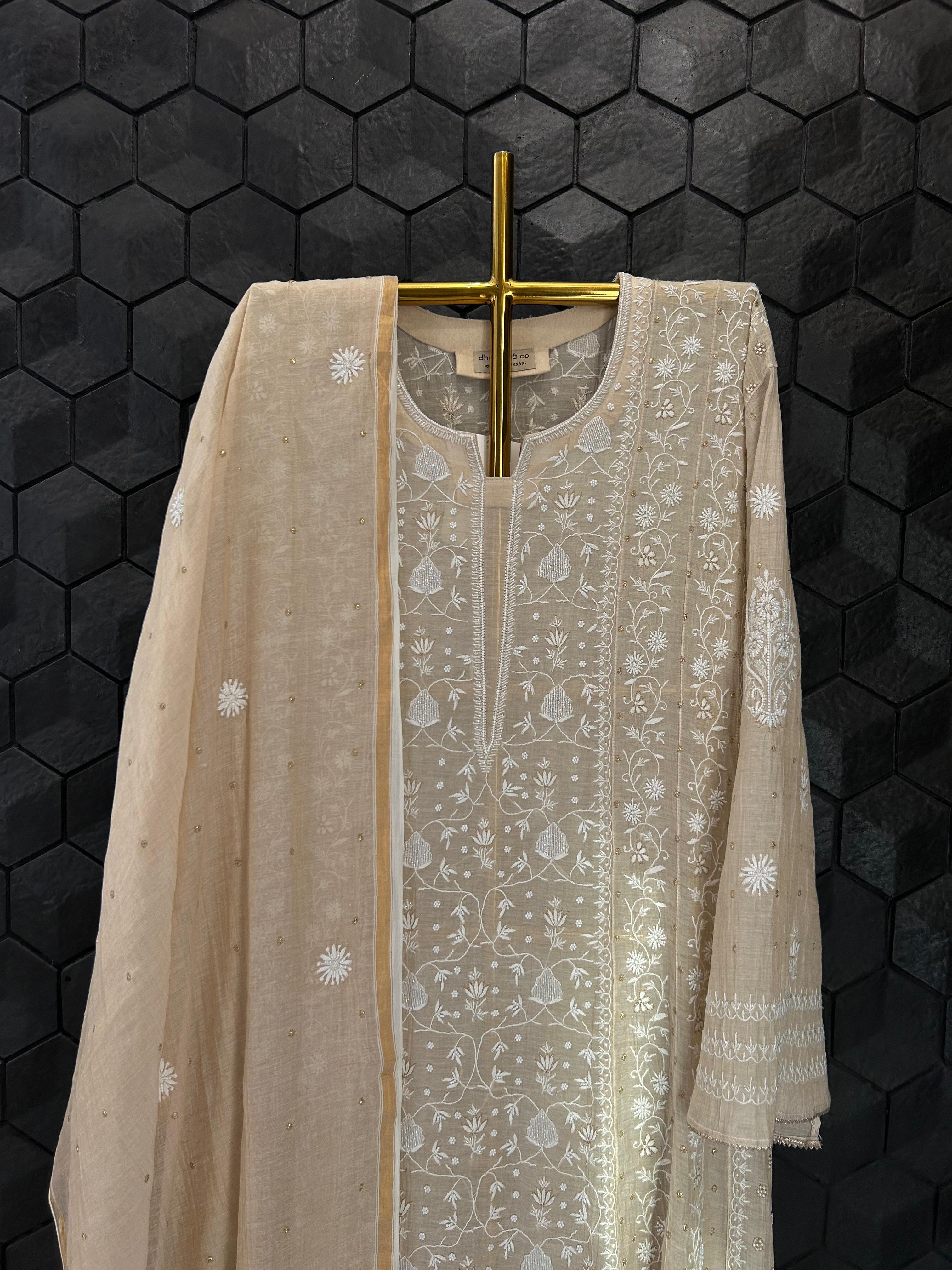 Beige Golden Tissue Chikankari Anarkali Set