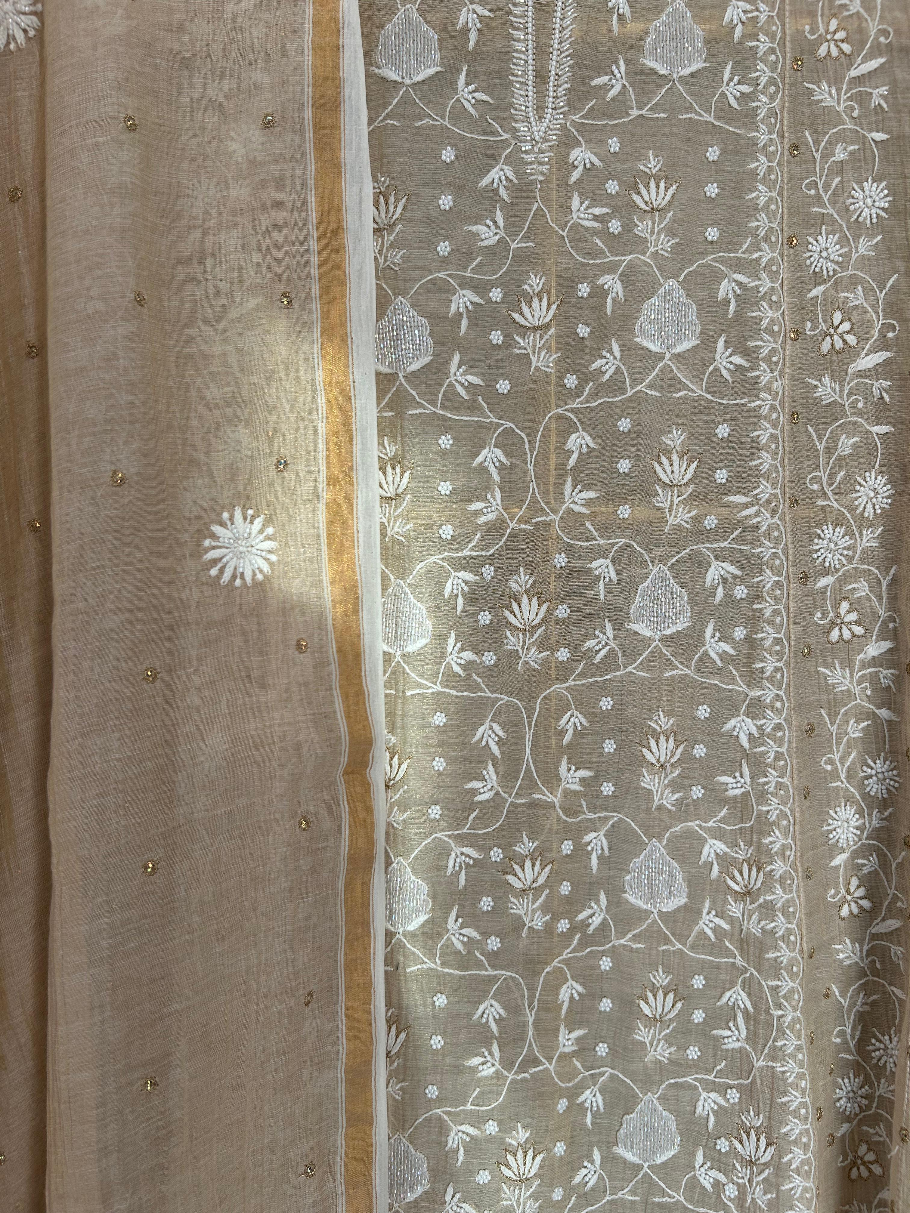 Beige Golden Tissue Chikankari Anarkali Set