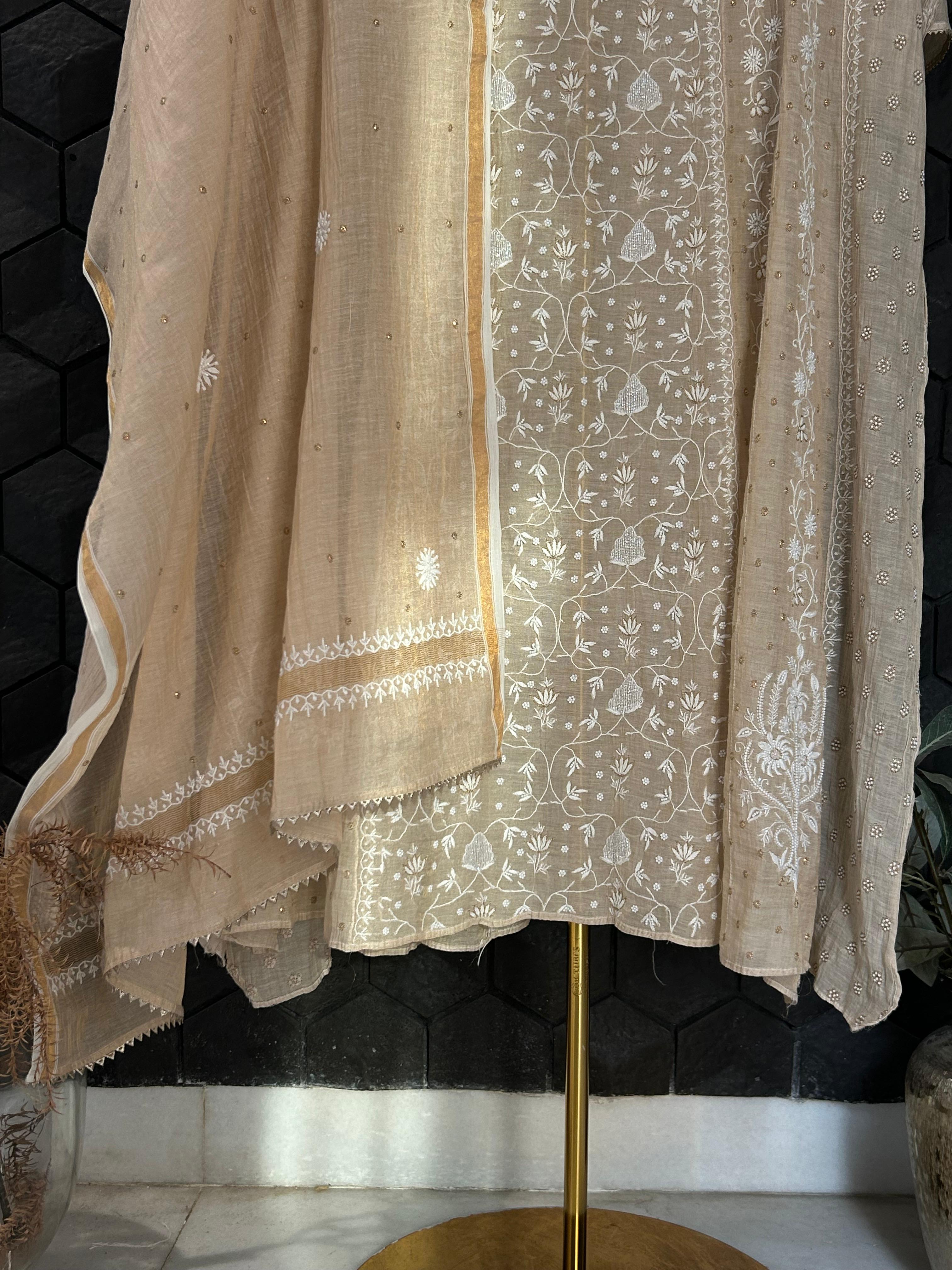 Beige Golden Tissue Chikankari Anarkali Set