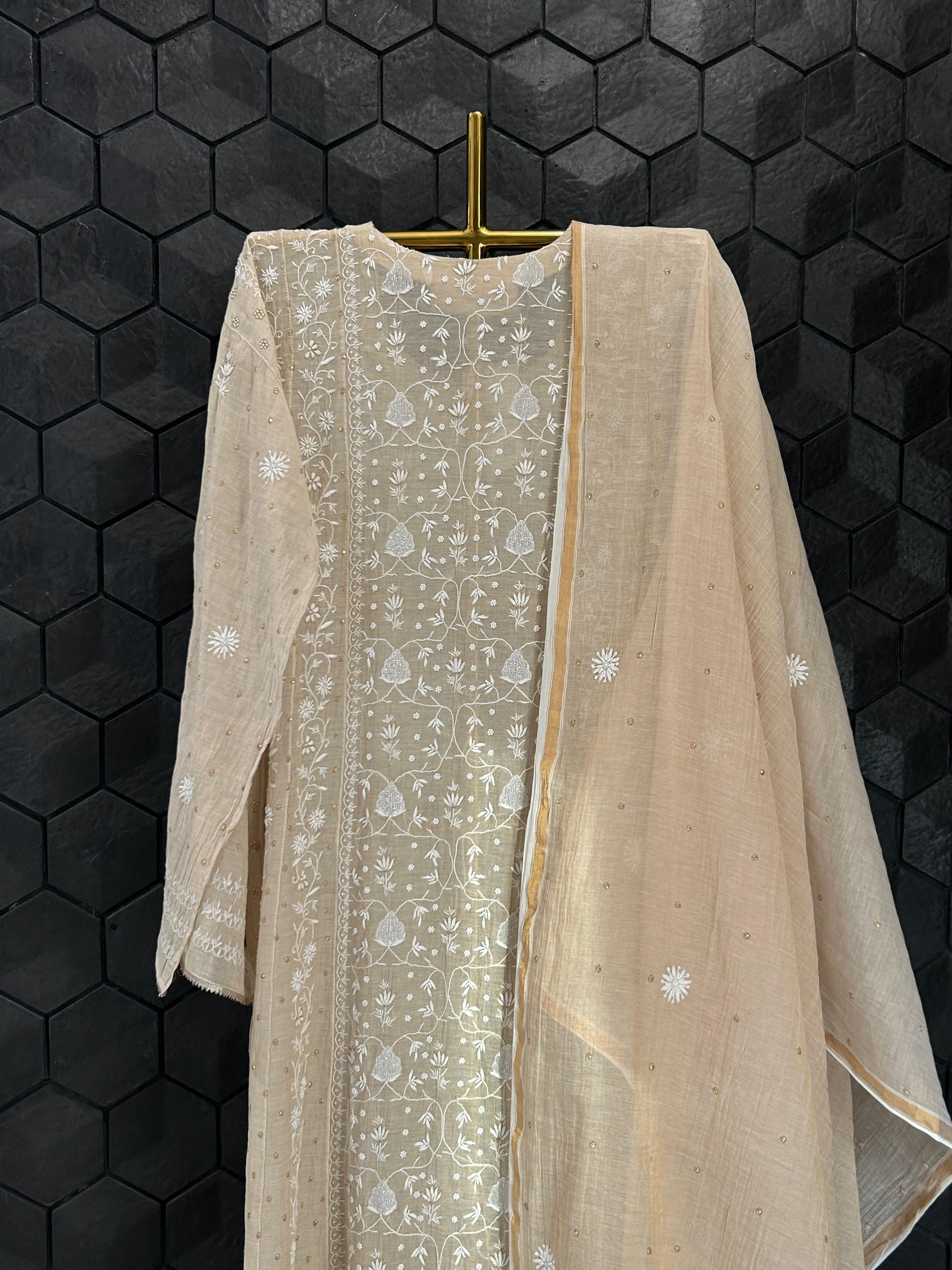 Beige Golden Tissue Chikankari Anarkali Set