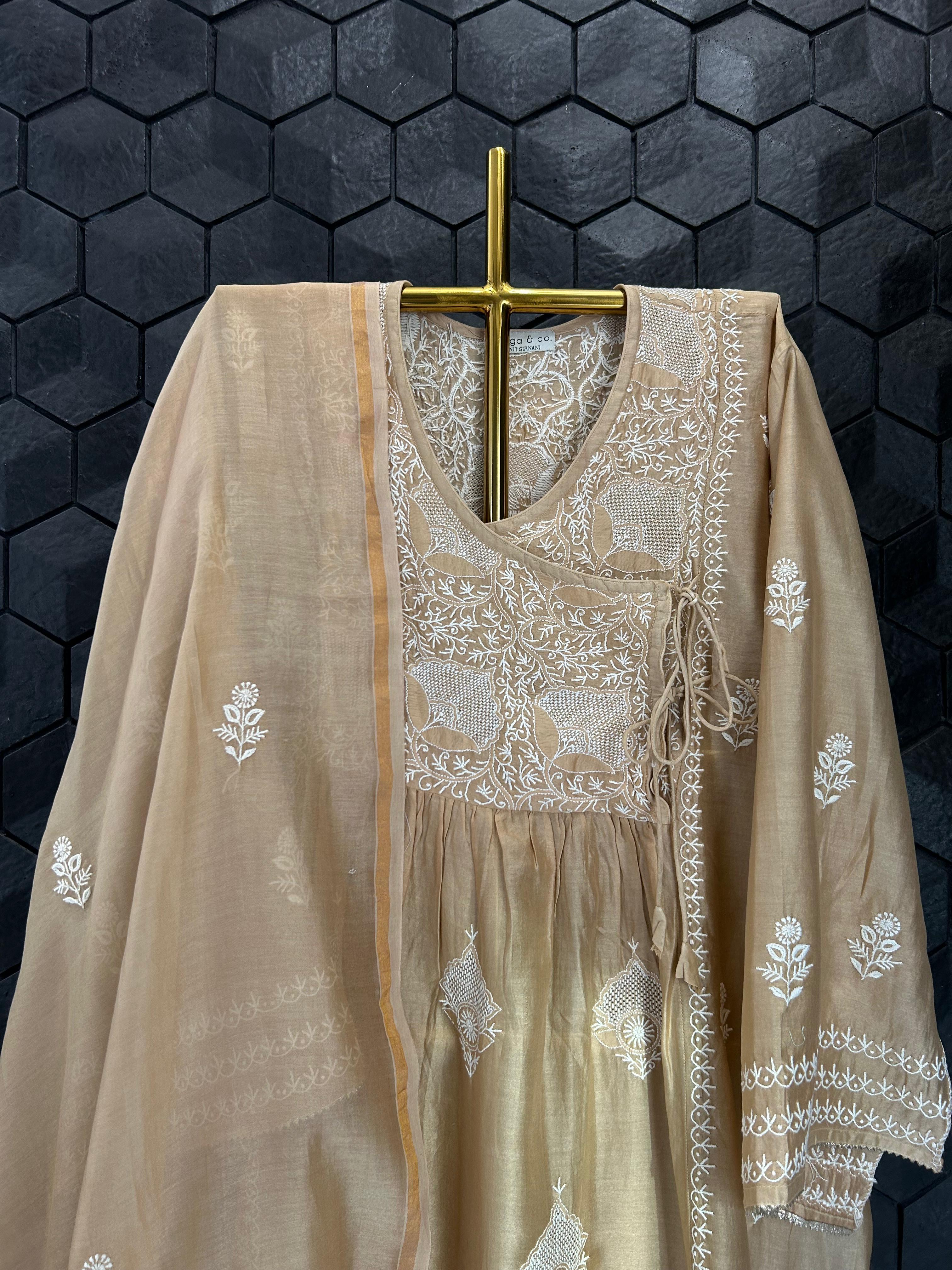 Brown Chanderi Chikankari Angarkha kurta Set
