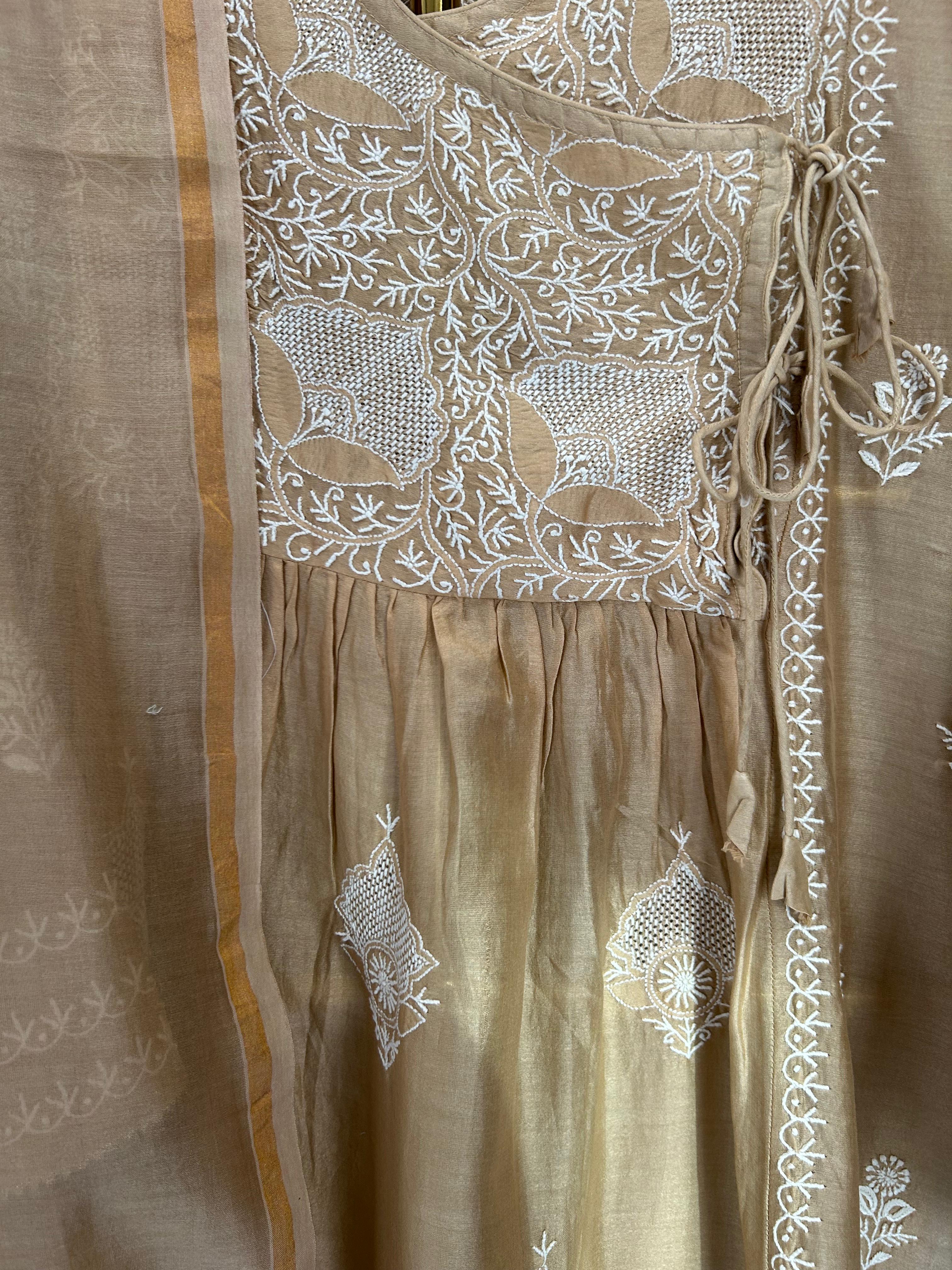 Brown Chanderi Chikankari Angarkha kurta Set