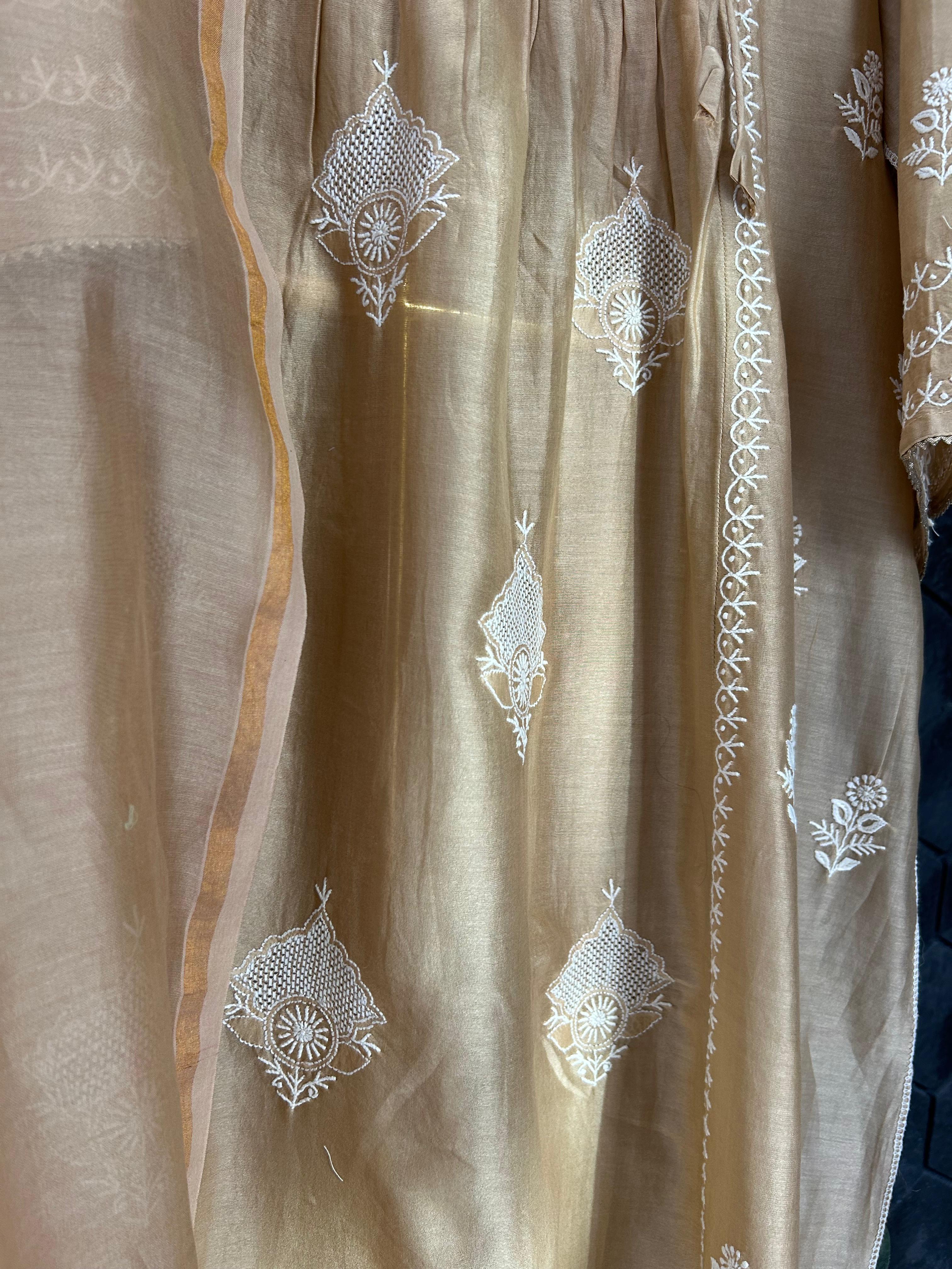 Brown Chanderi Chikankari Angarkha kurta Set