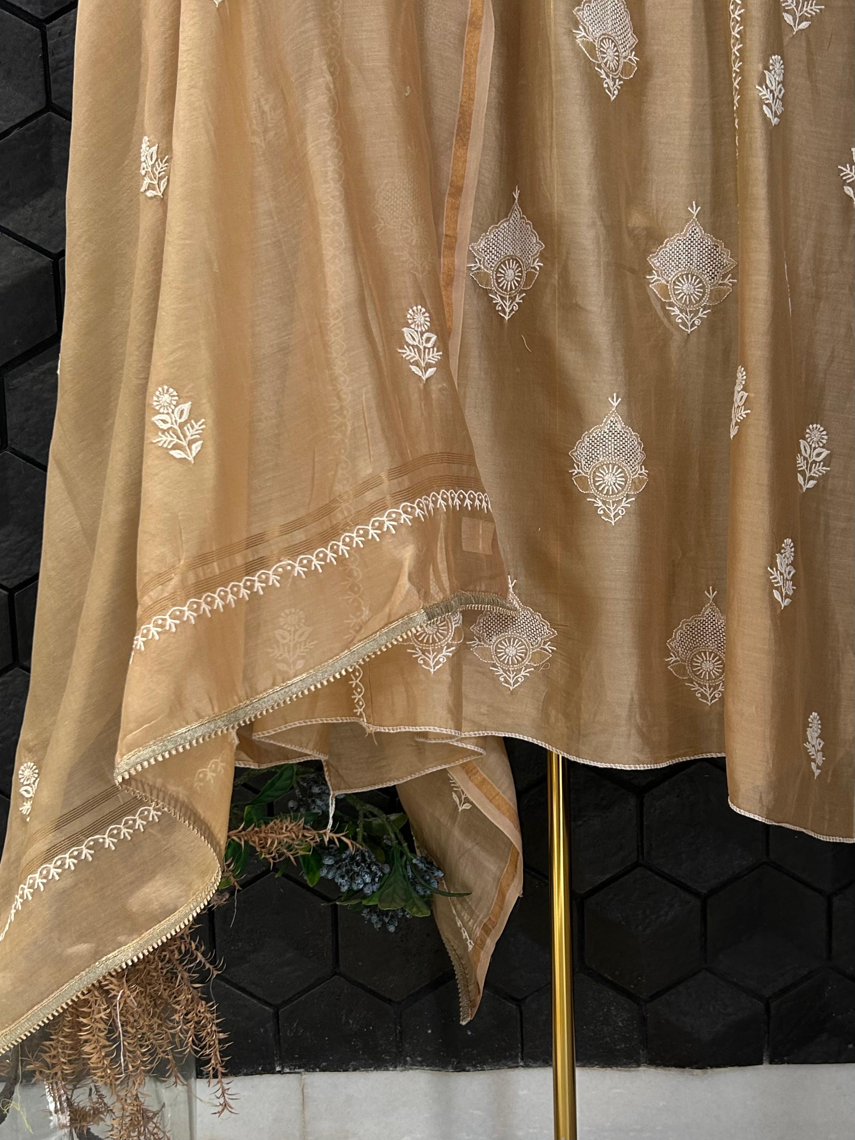 Brown Chanderi Chikankari Angarkha kurta Set
