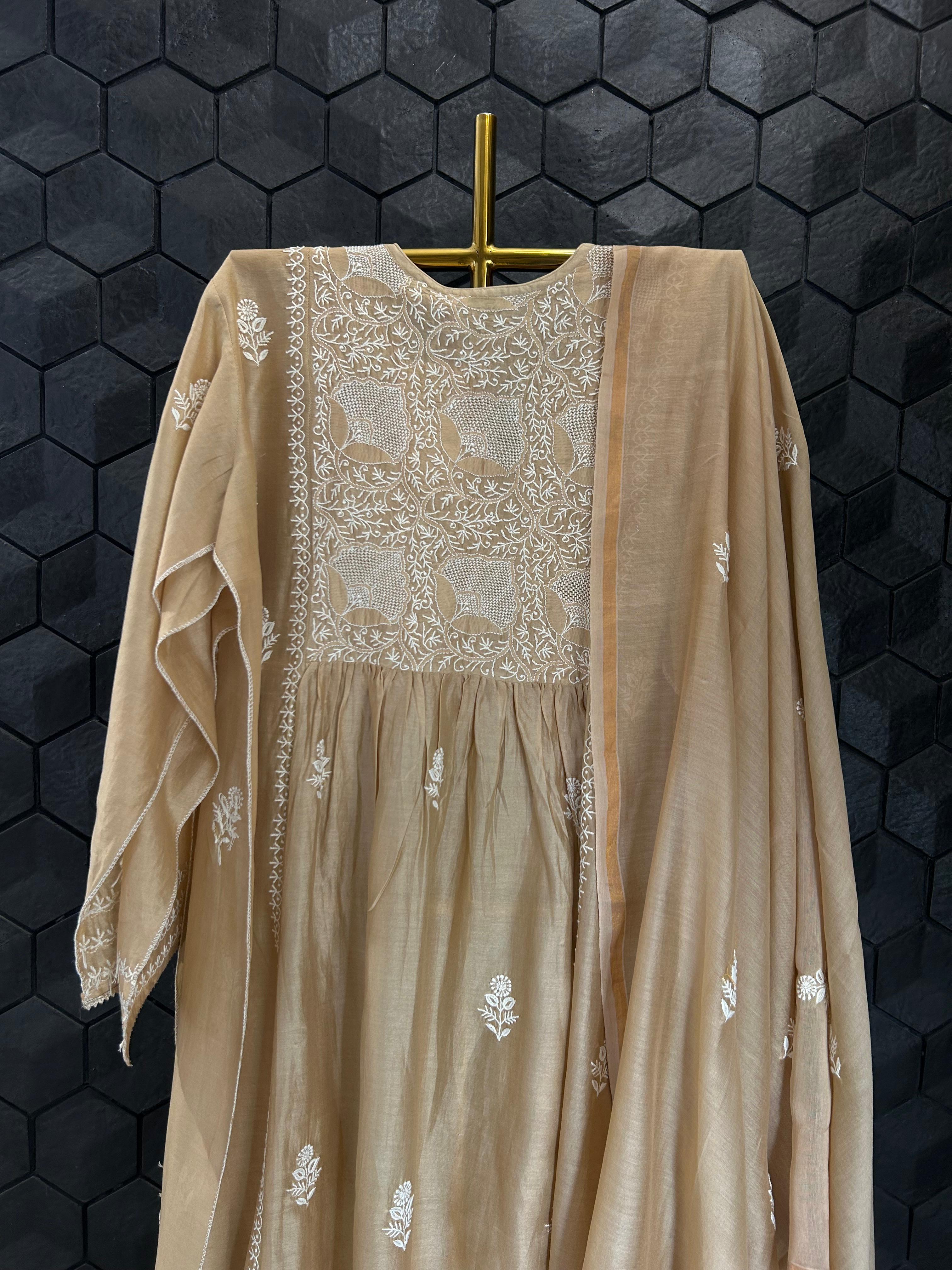 Brown Chanderi Chikankari Angarkha kurta Set