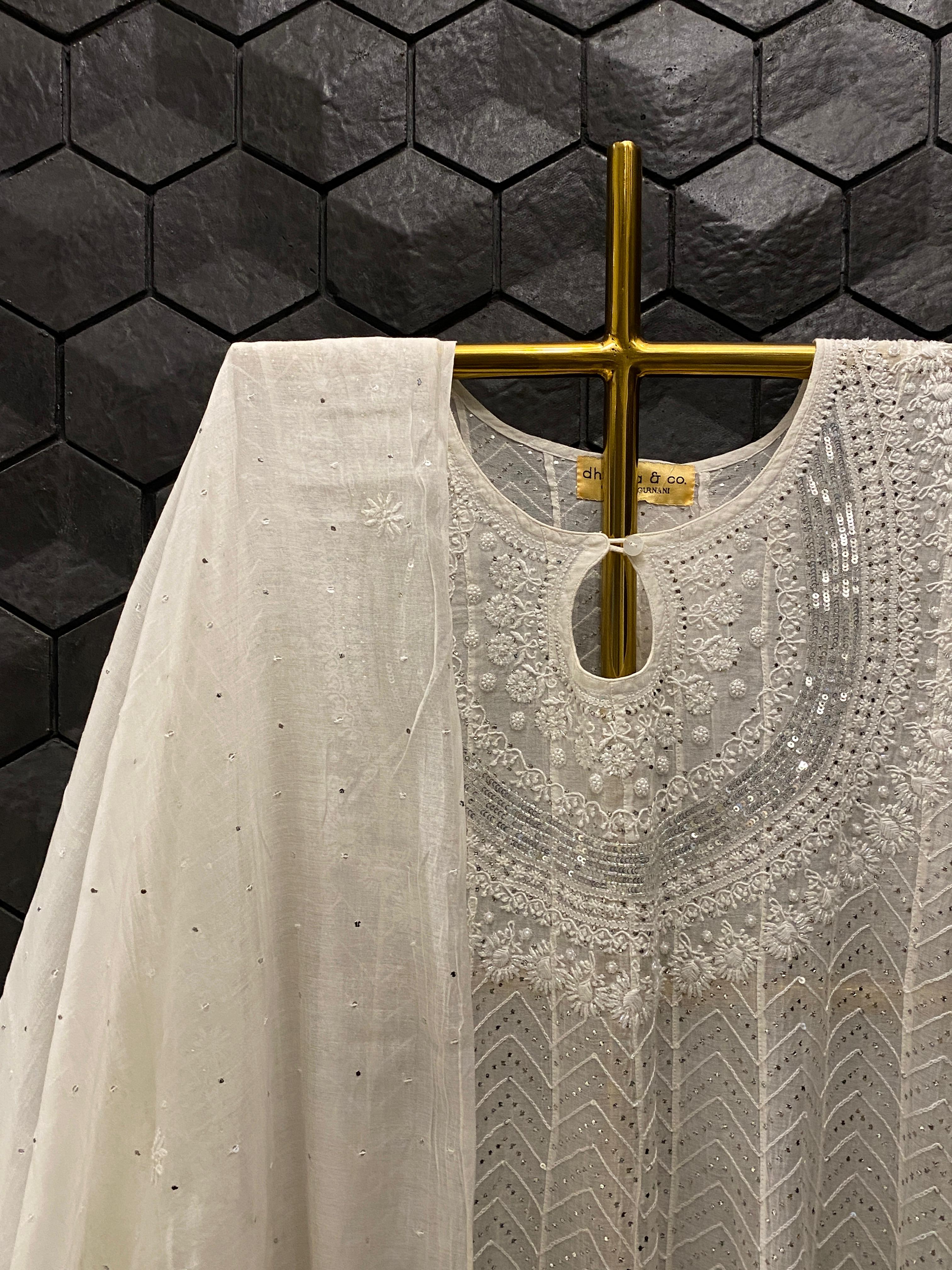 White Mul Chanderi Mukaish Anarkali Set
