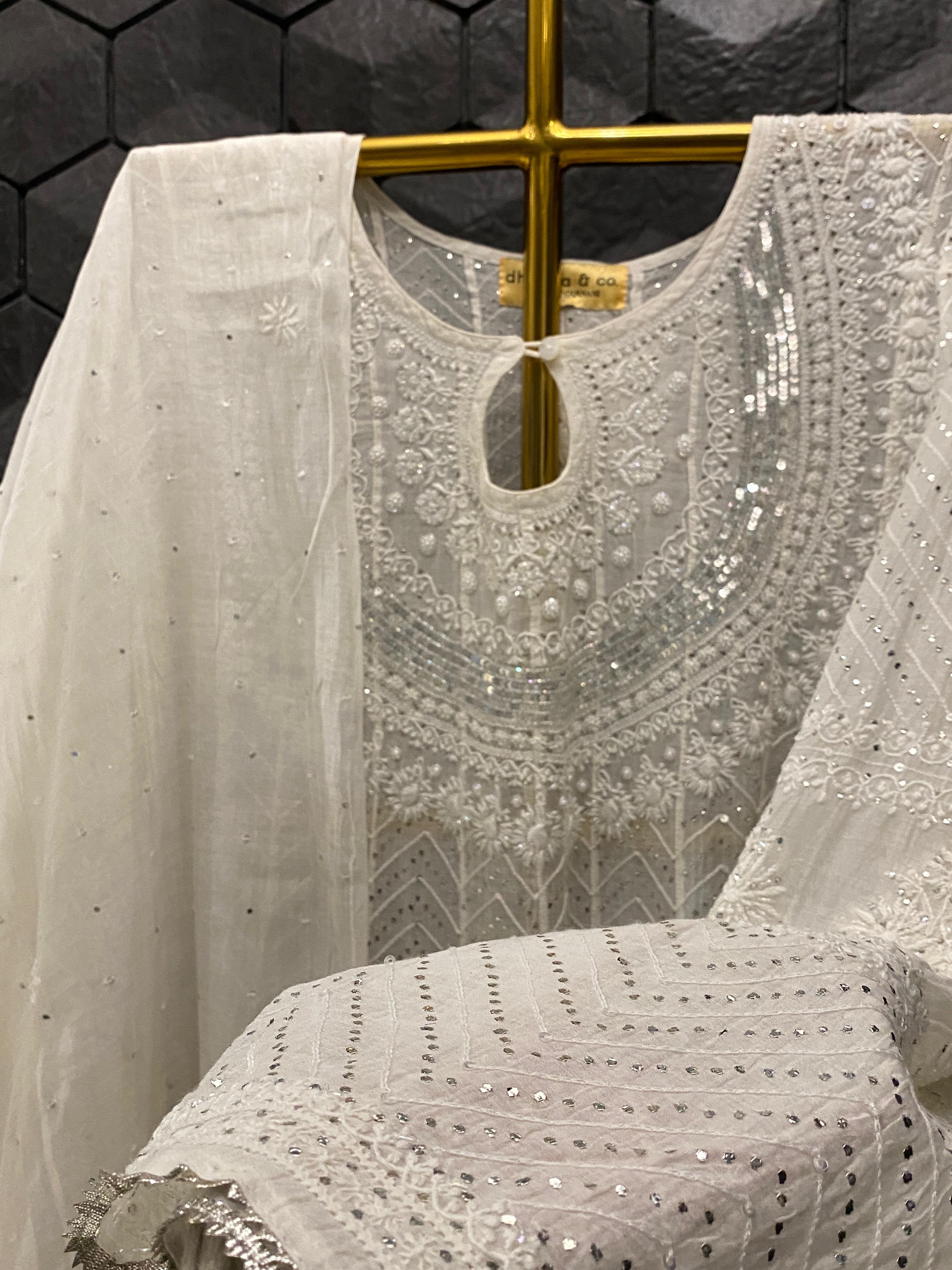 White Mul Chanderi Mukaish Anarkali Set