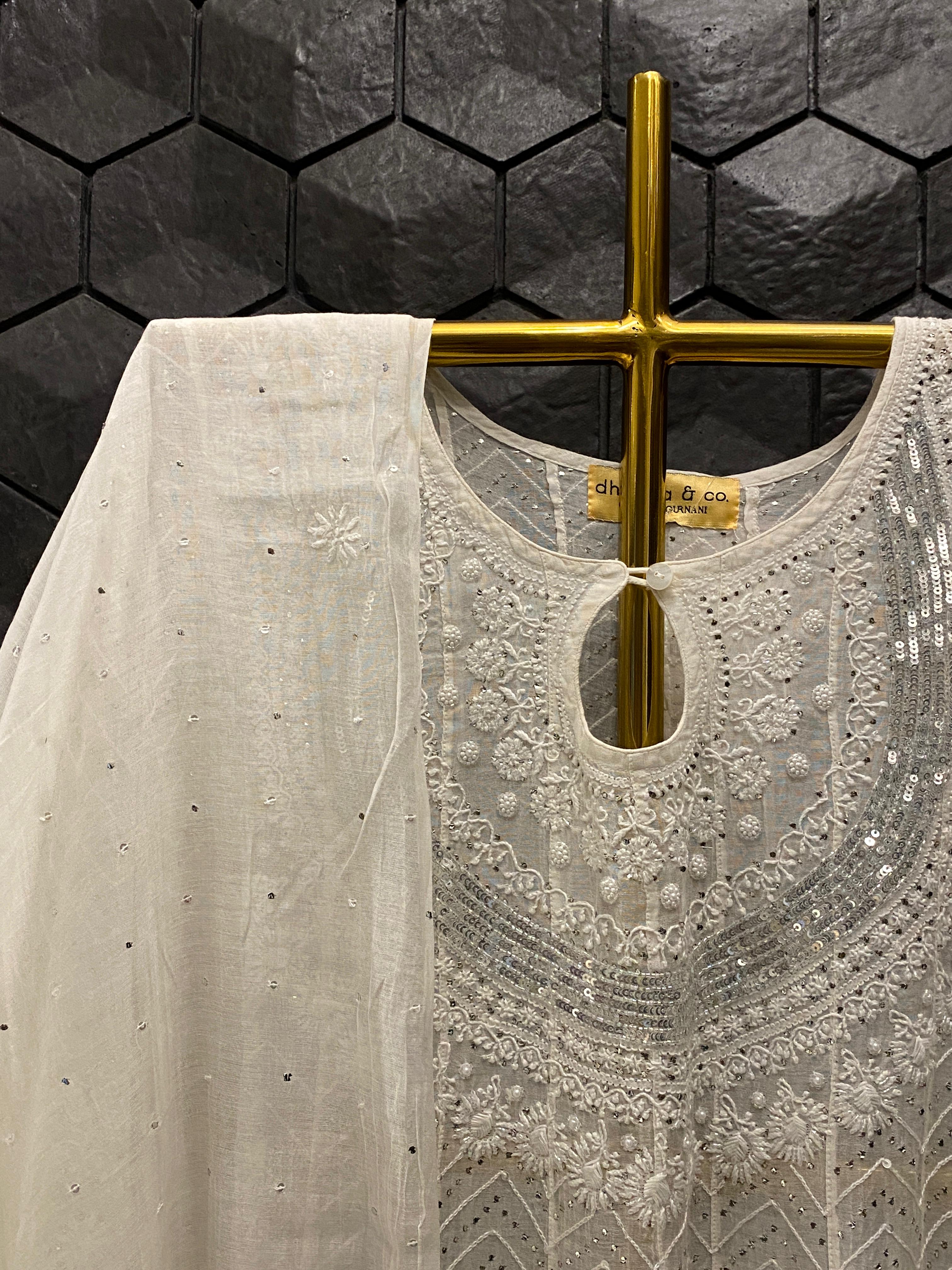 White Mul Chanderi Mukaish Anarkali Set