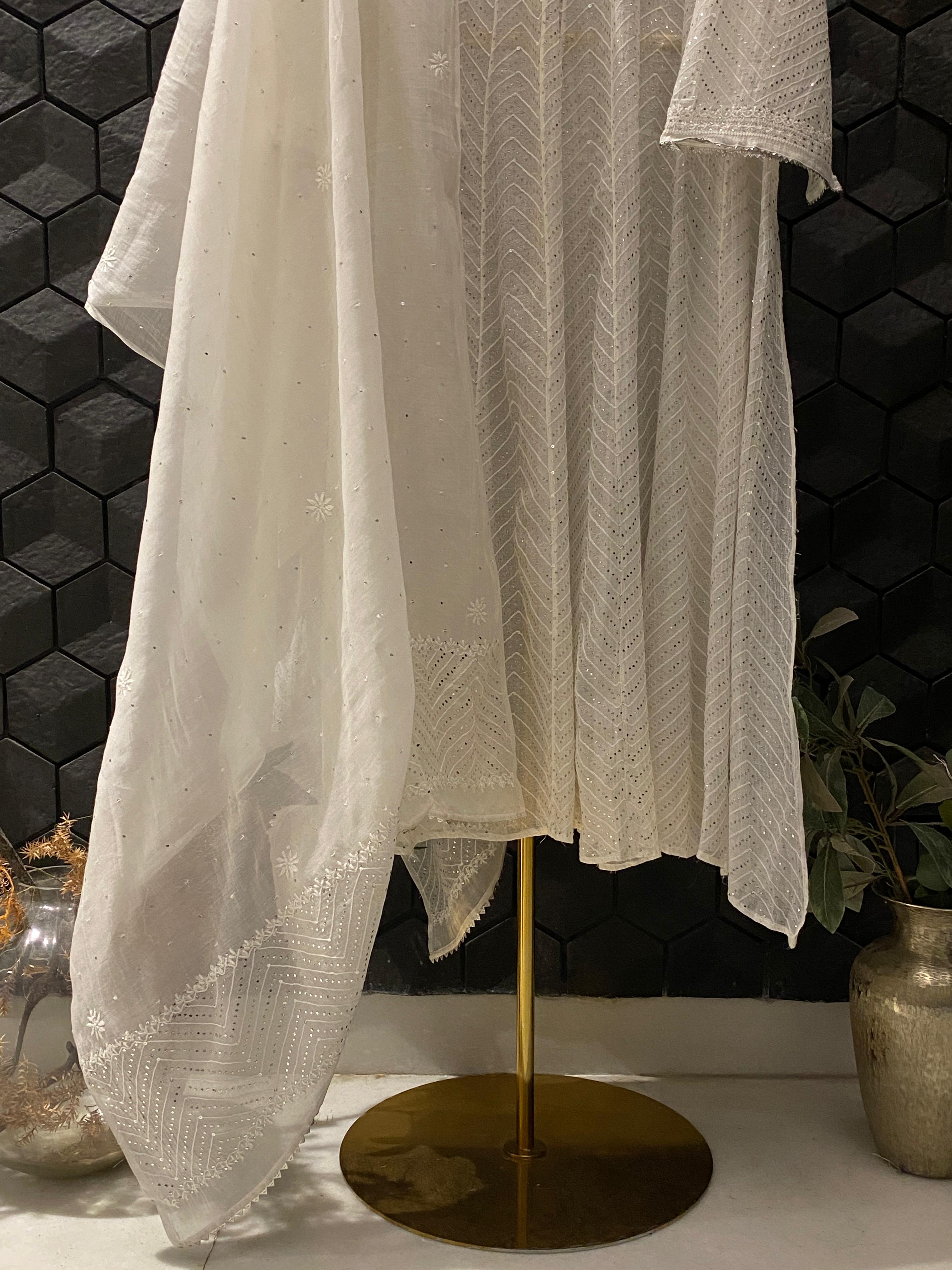 White Mul Chanderi Mukaish Anarkali Set