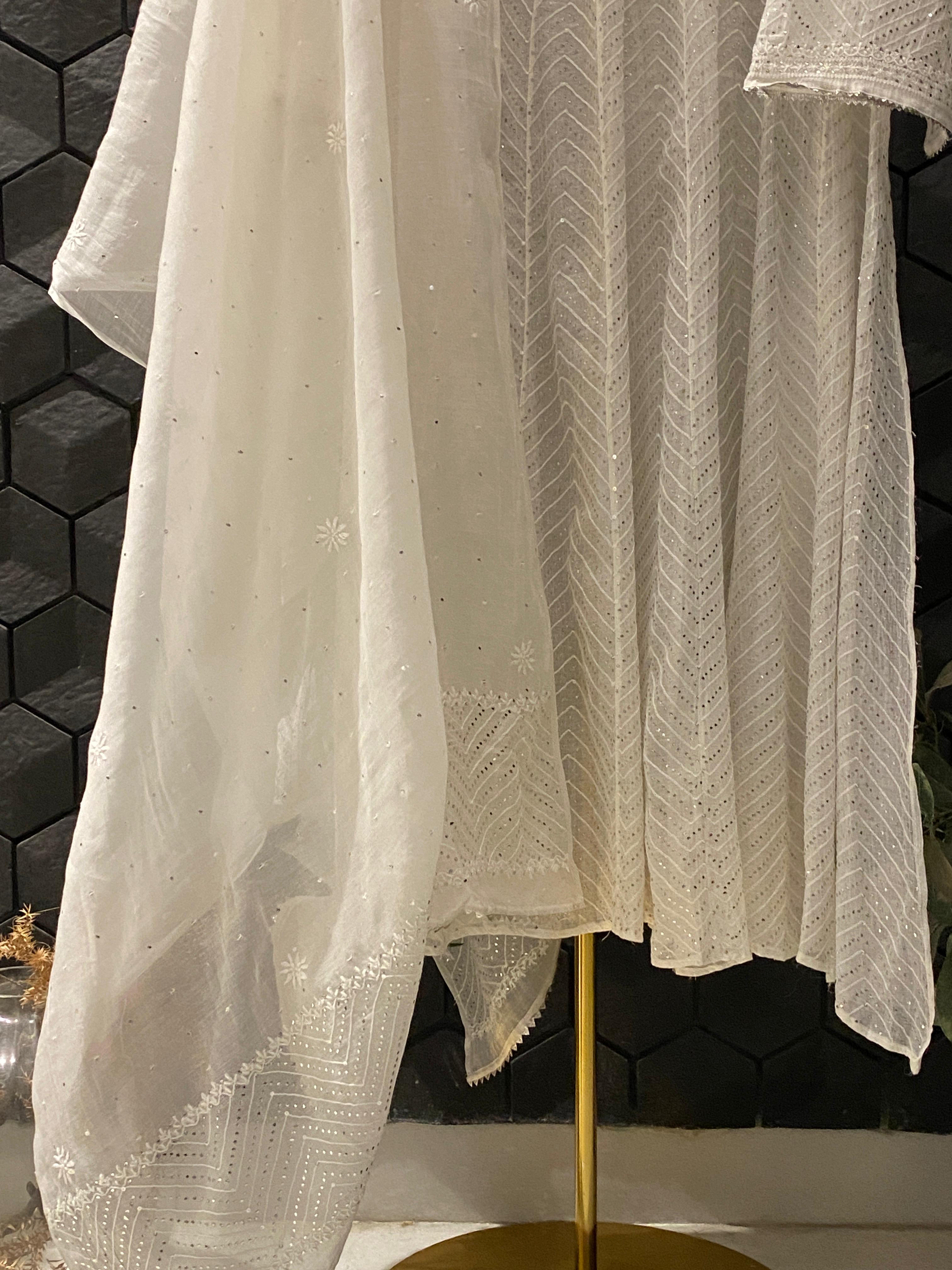 White Mul Chanderi Mukaish Anarkali Set