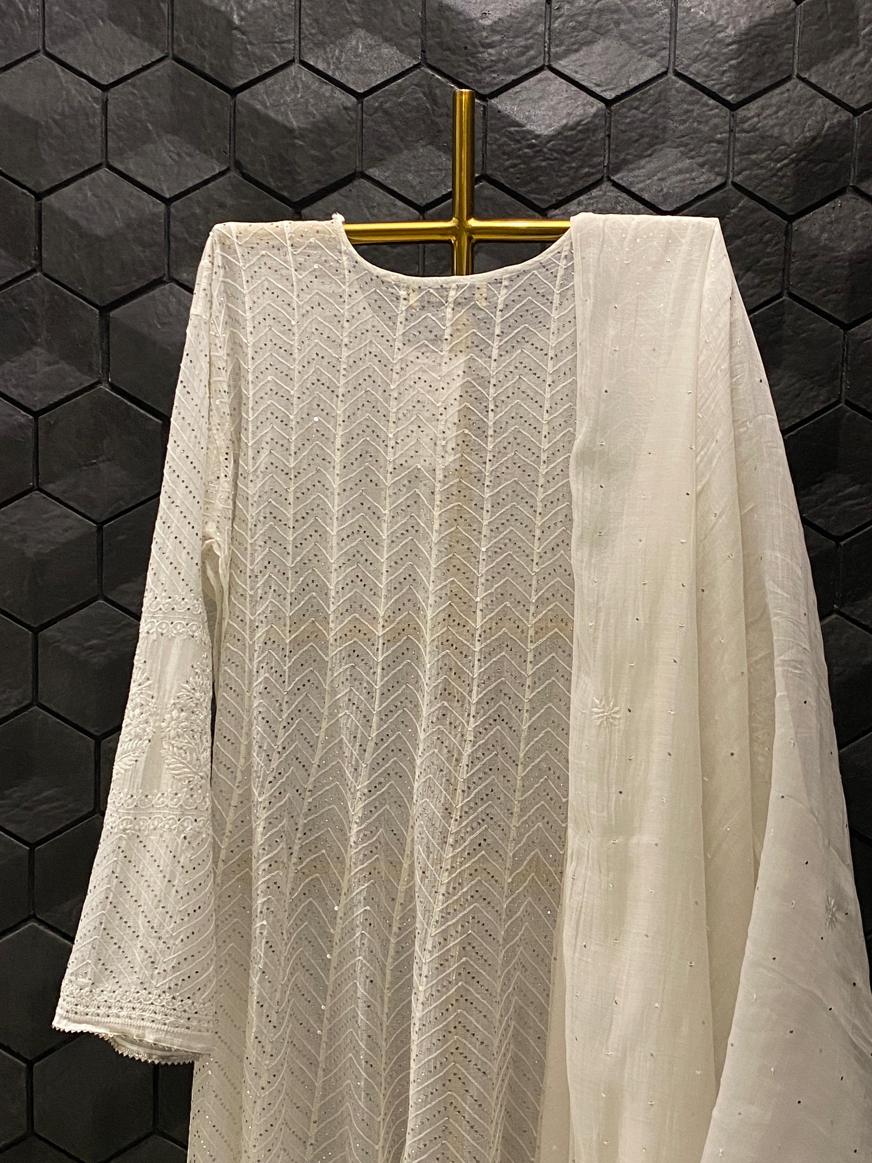 White Mul Chanderi Mukaish Anarkali Set