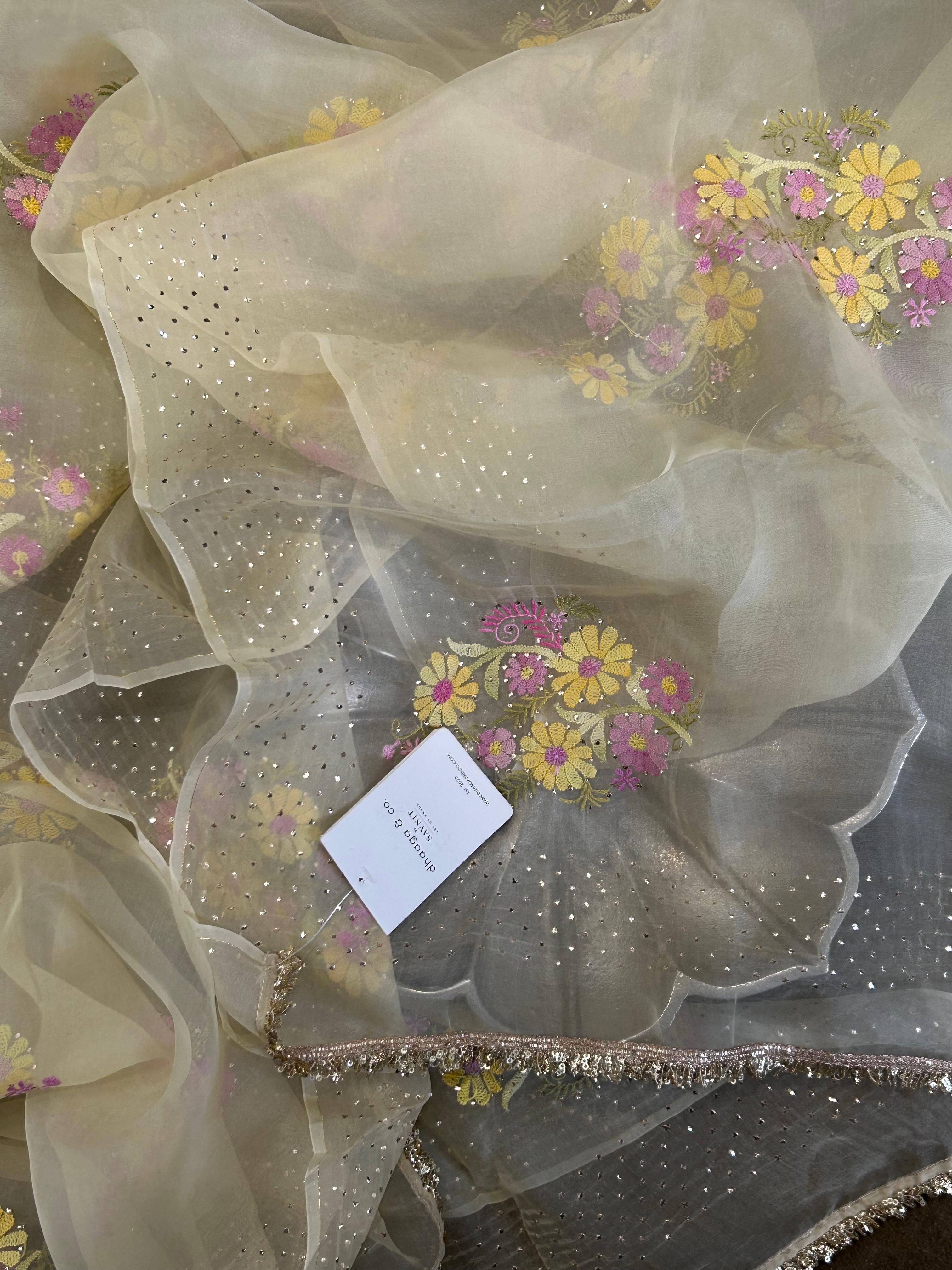 Yellow Organza Mukaish Chikankari Dupatta