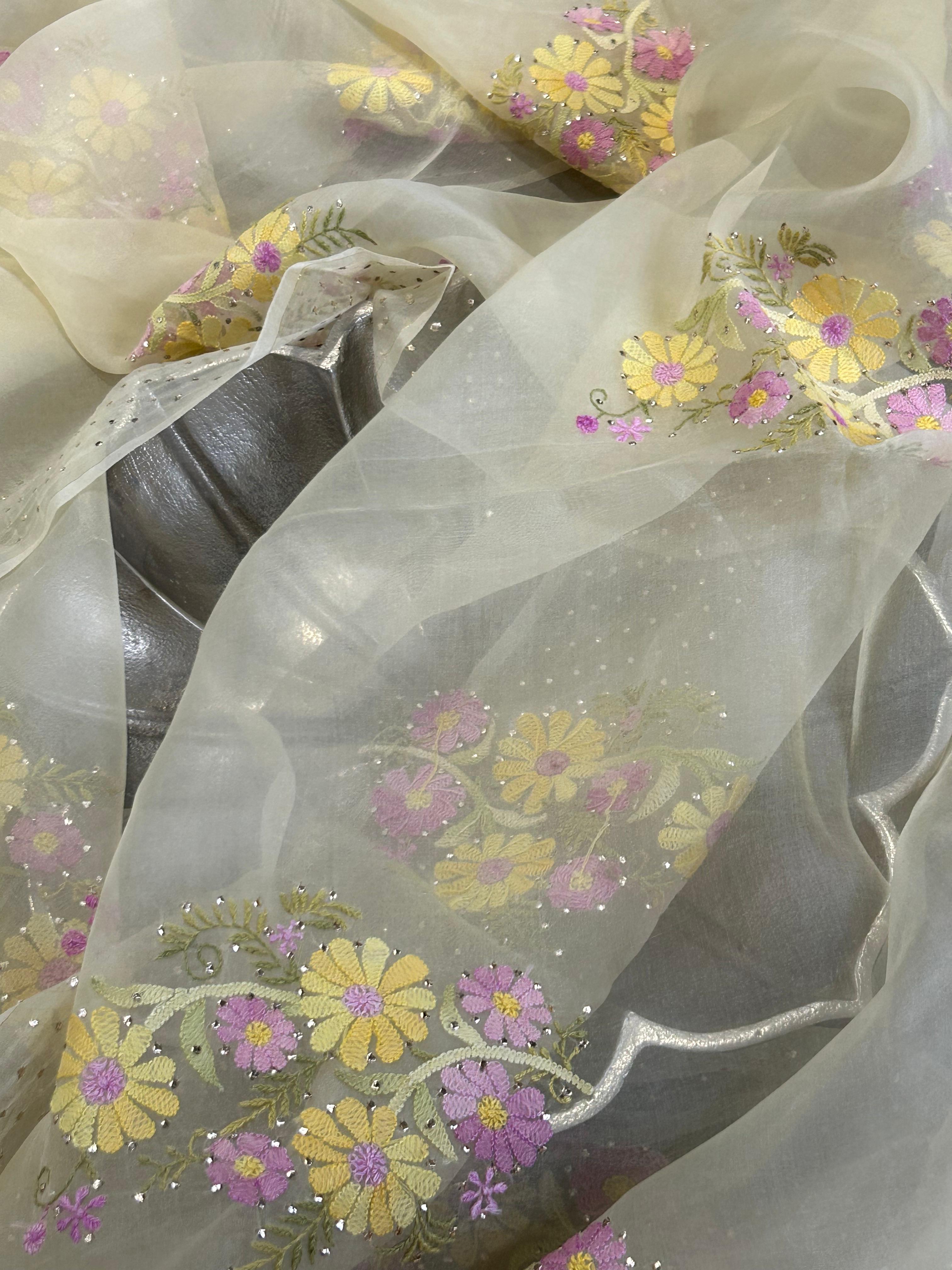 Yellow Organza Mukaish Chikankari Dupatta