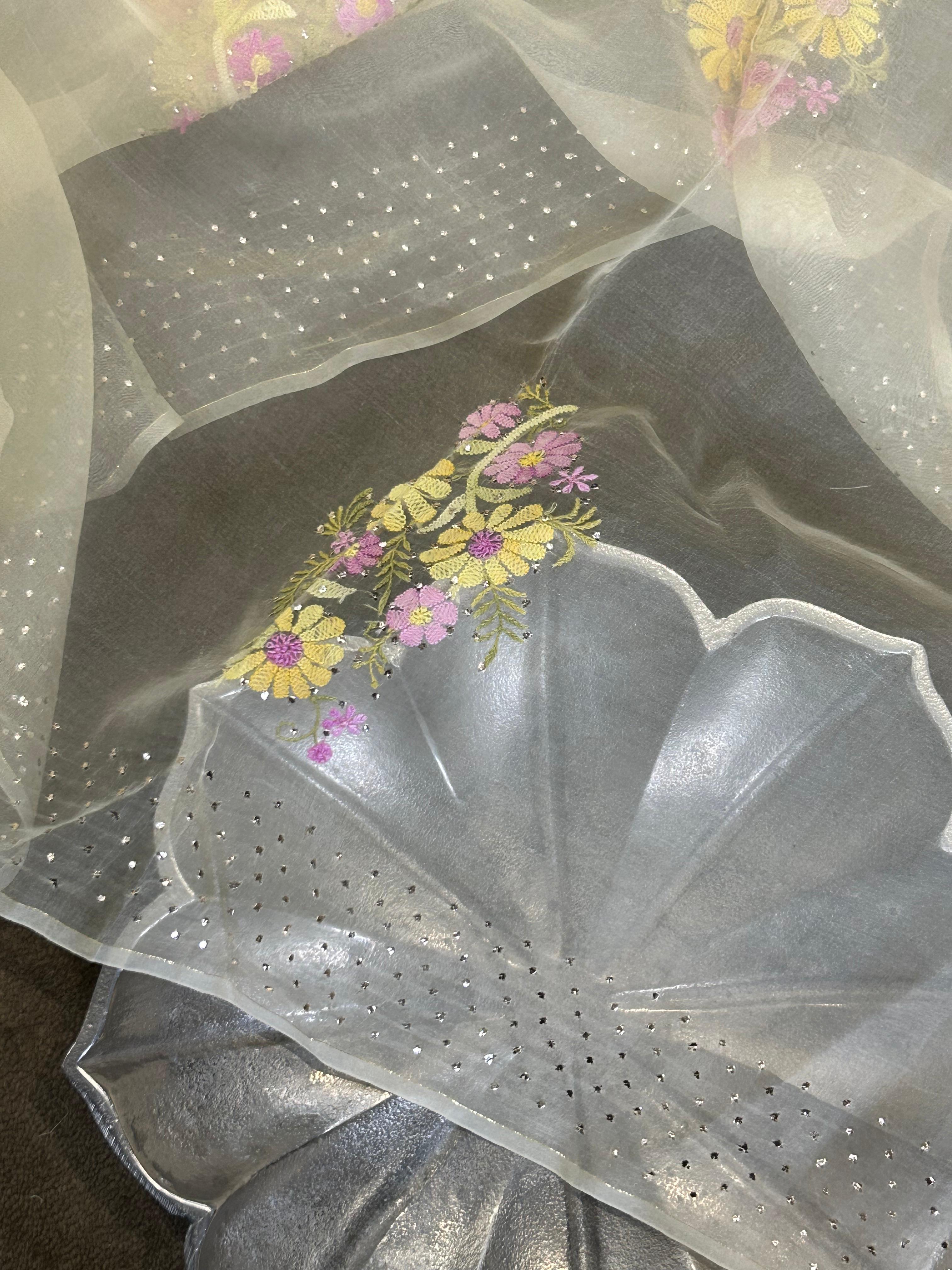 Yellow Organza Mukaish Chikankari Dupatta
