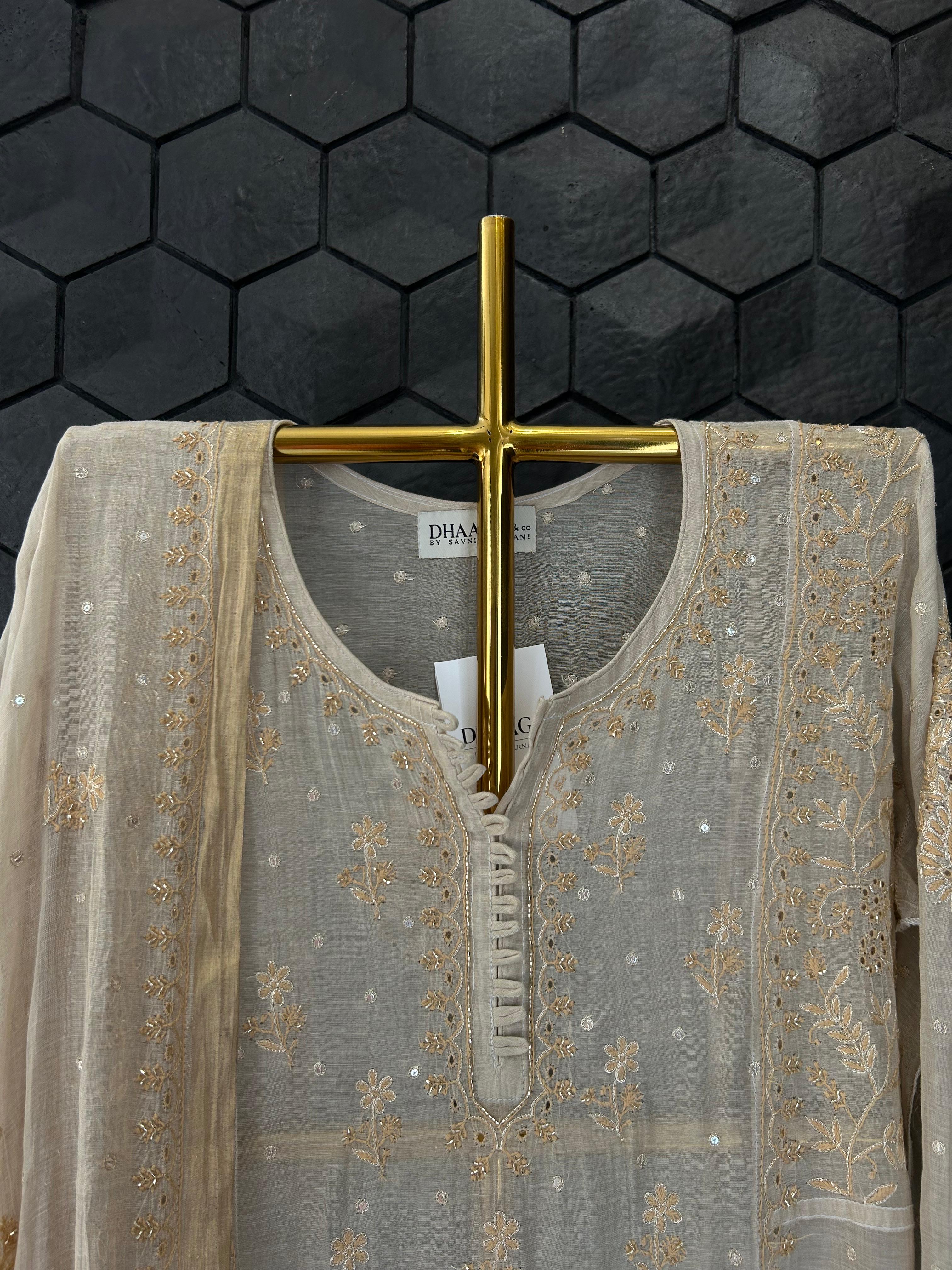 Golden Tissue Chikankari Anarkali Set
