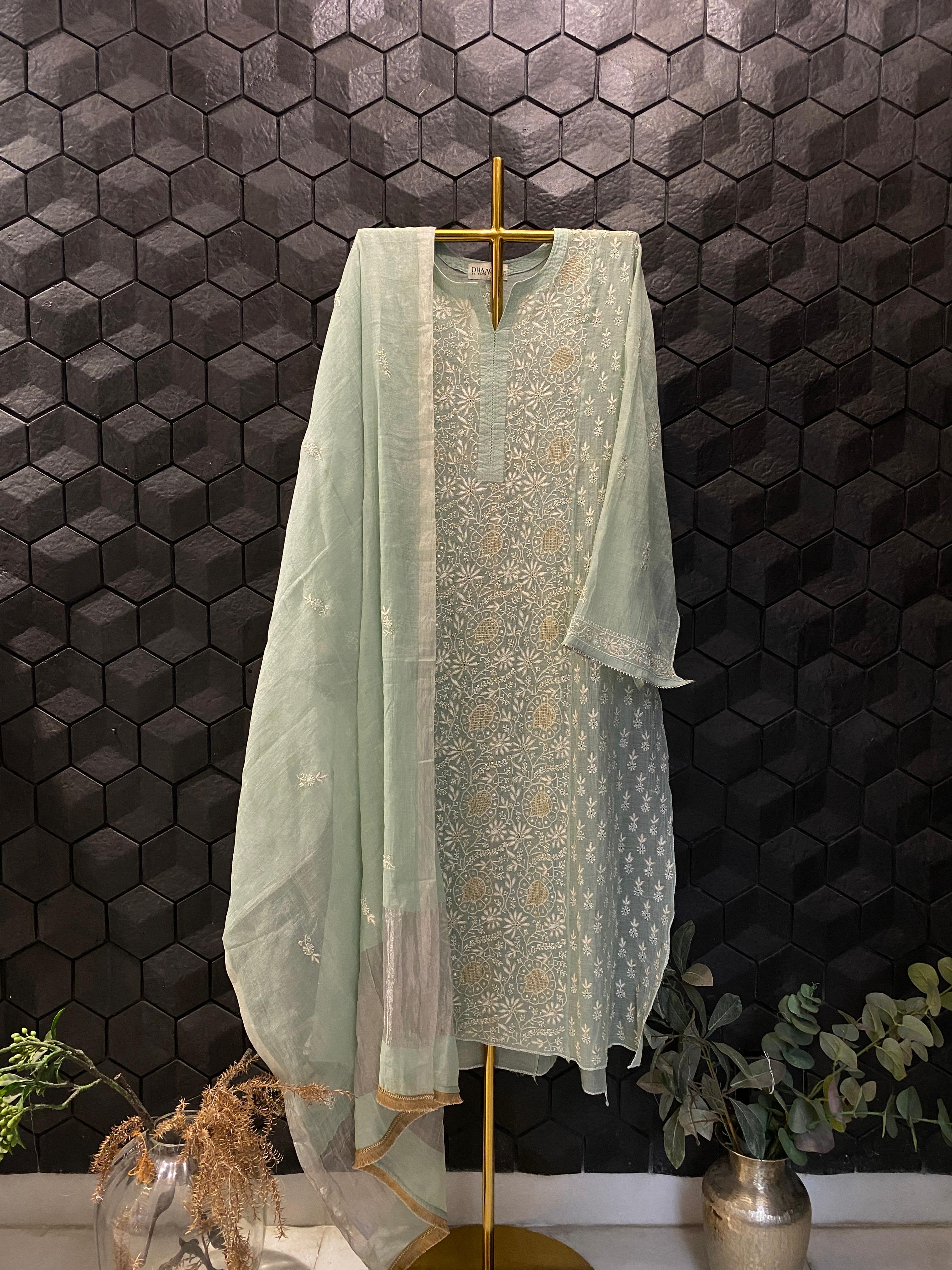 Green Silver Tissue Chikankari Kurta Set