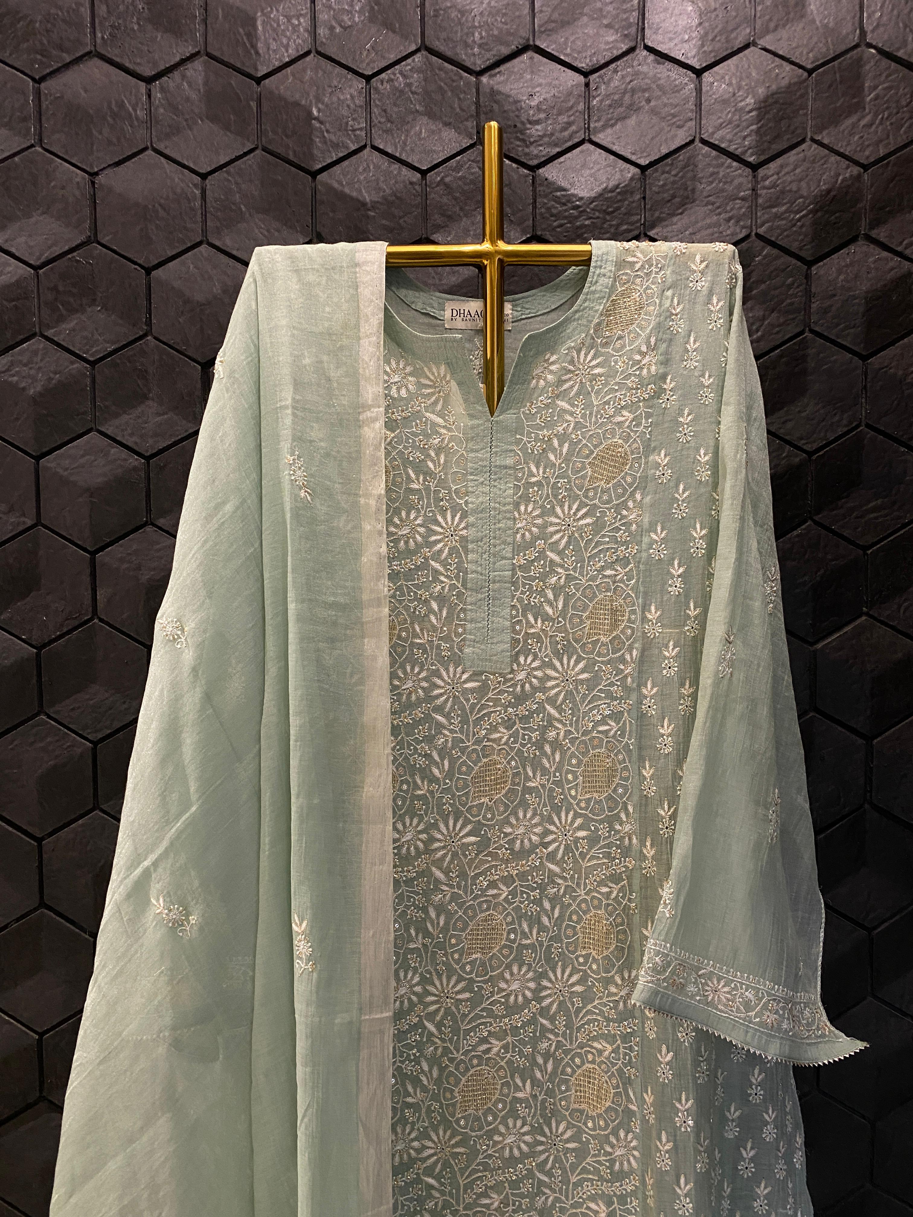 Green Silver Tissue Chikankari Kurta Set