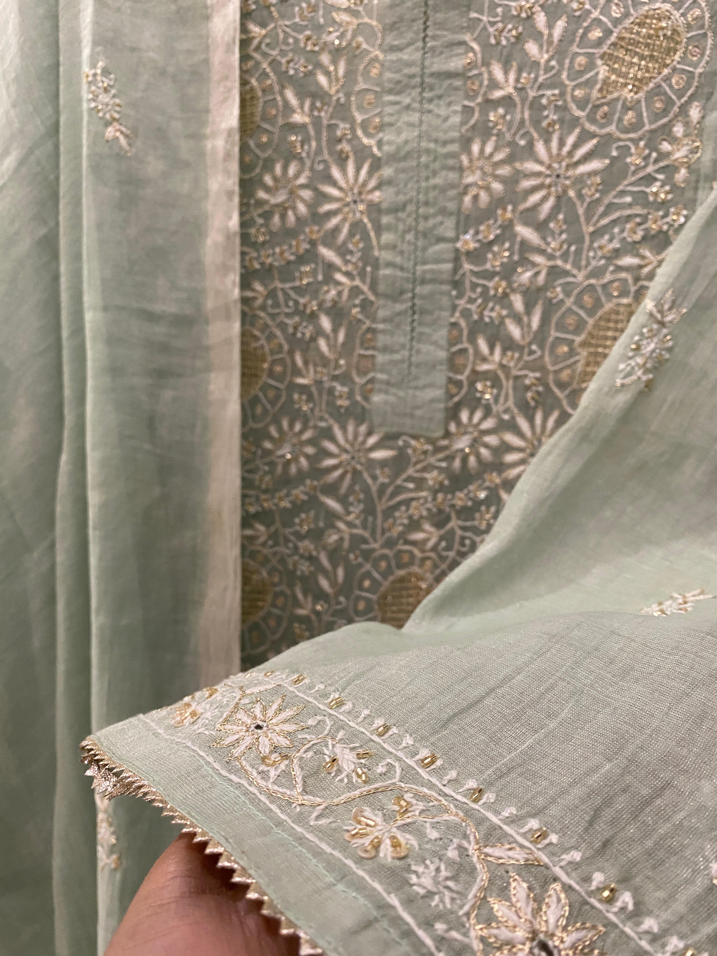 Green Silver Tissue Chikankari Kurta Set