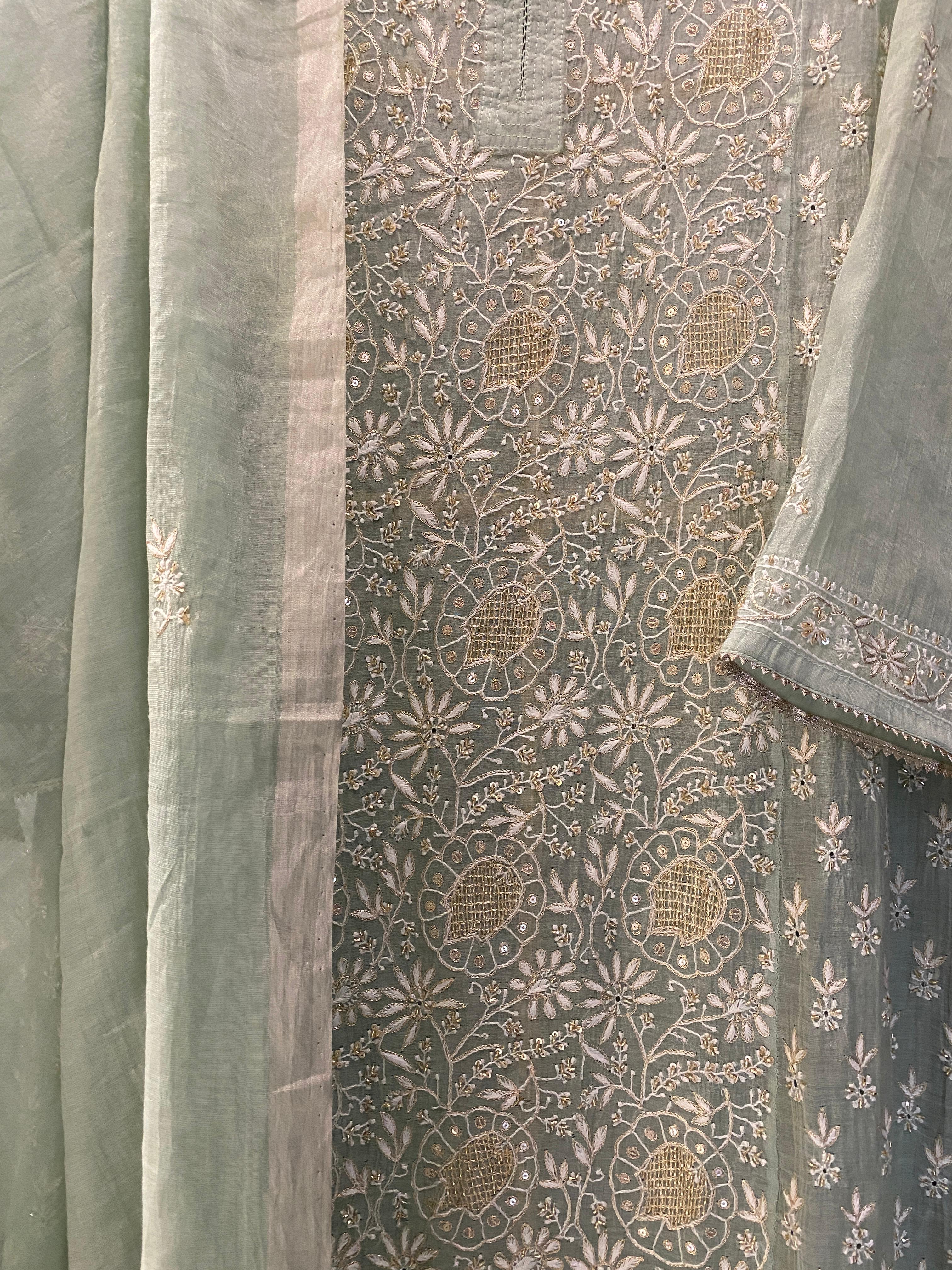 Green Silver Tissue Chikankari Kurta Set