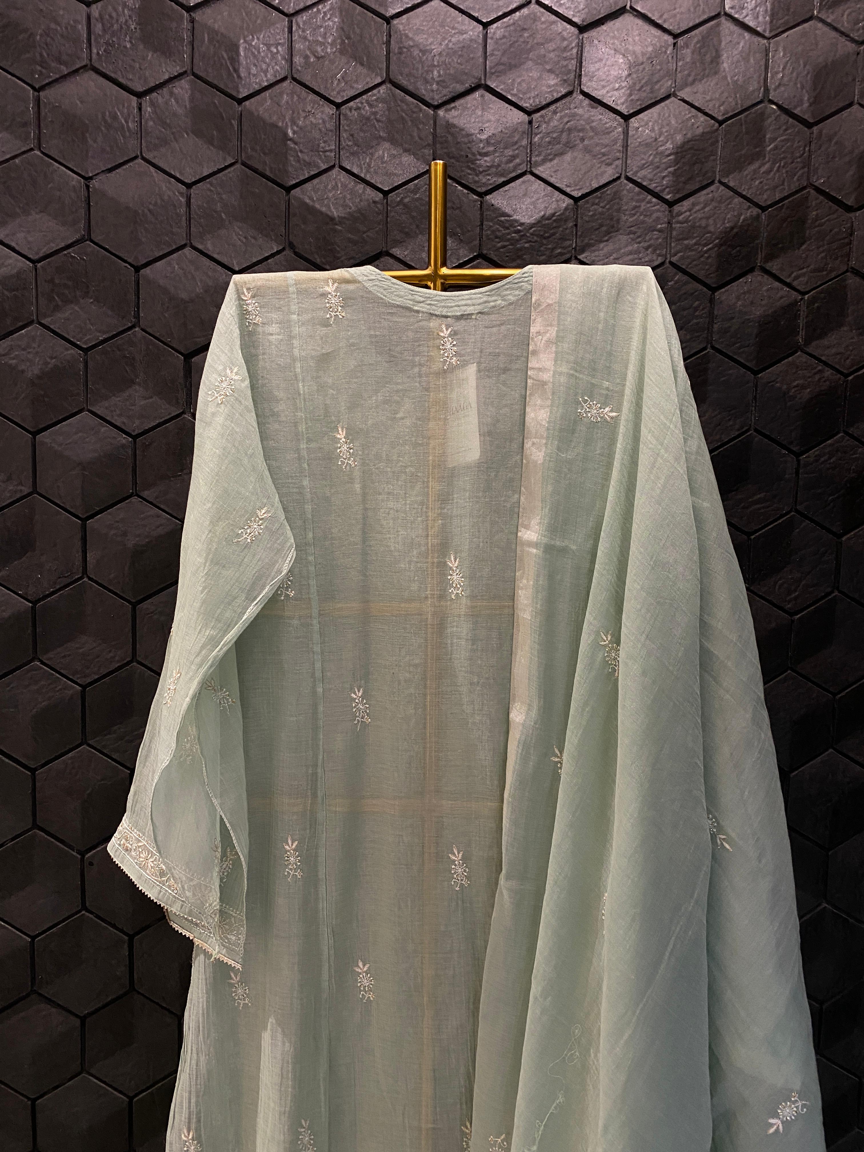 Green Silver Tissue Chikankari Kurta Set