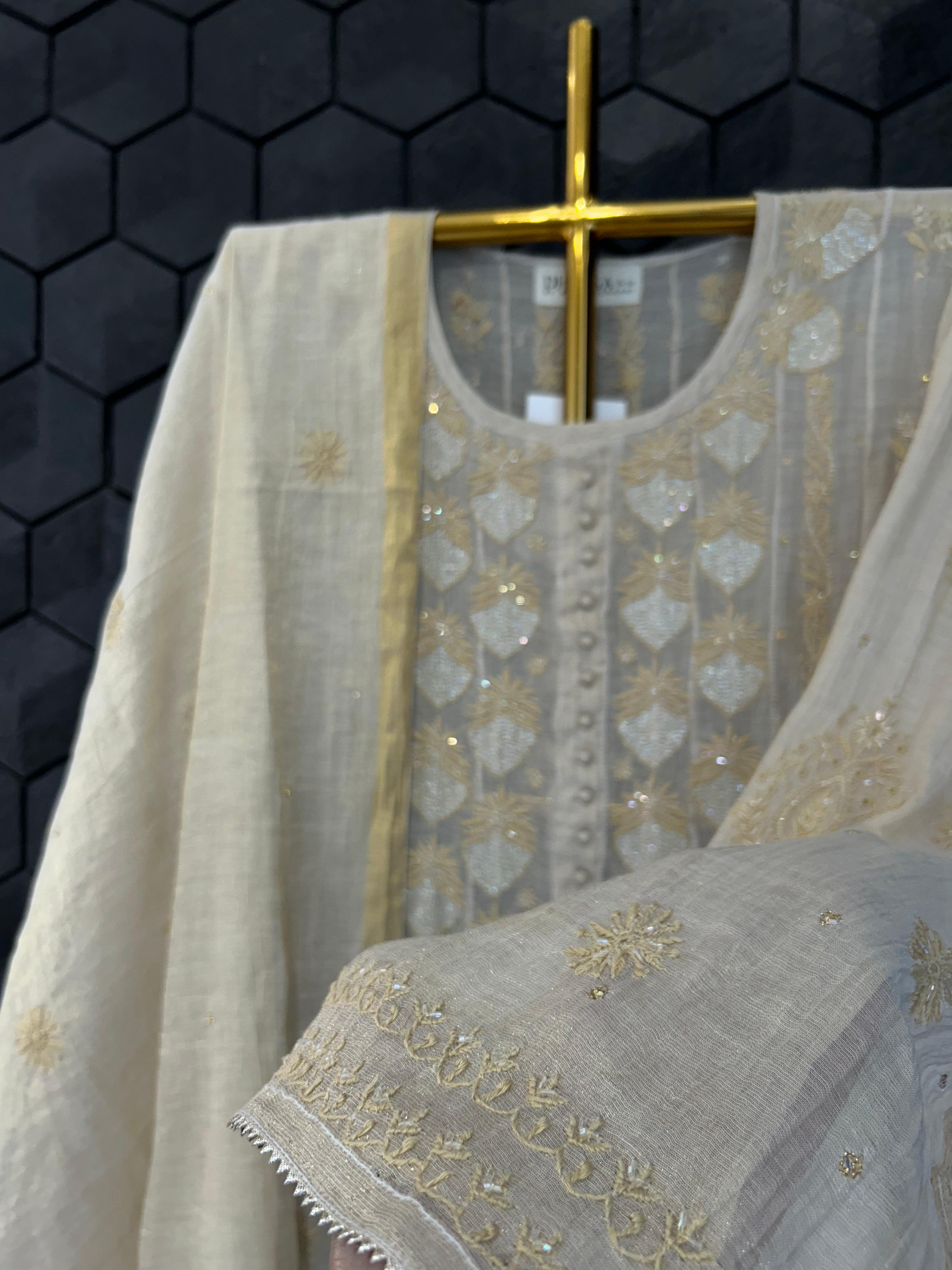 Beige Golden Tissue Chikankari Anarkali Set