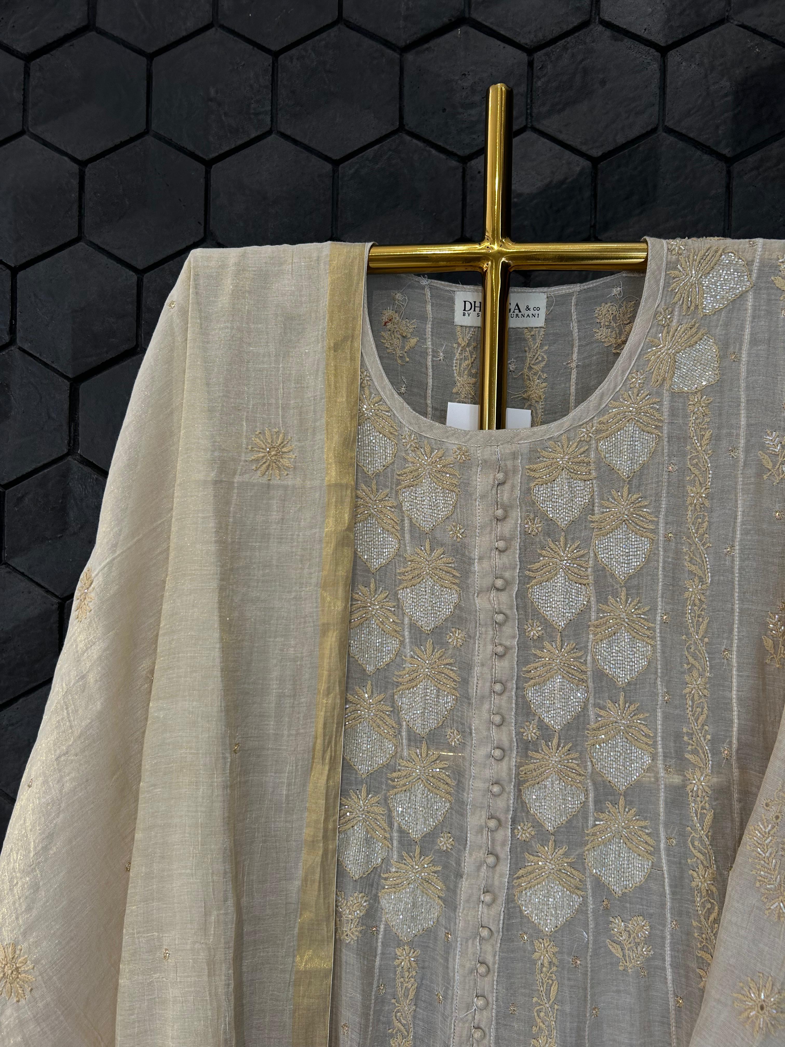 Beige Golden Tissue Chikankari Anarkali Set