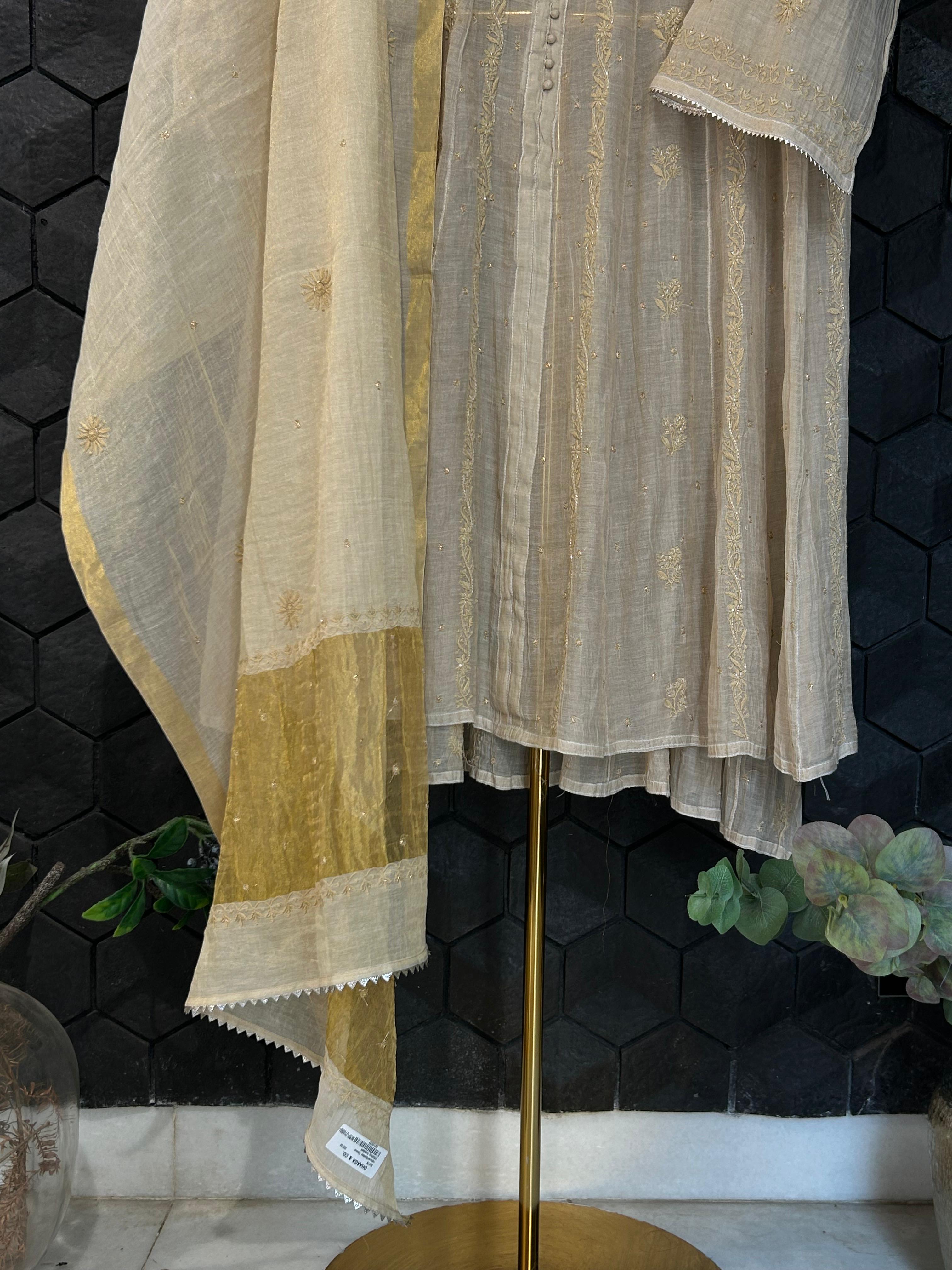 Beige Golden Tissue Chikankari Anarkali Set