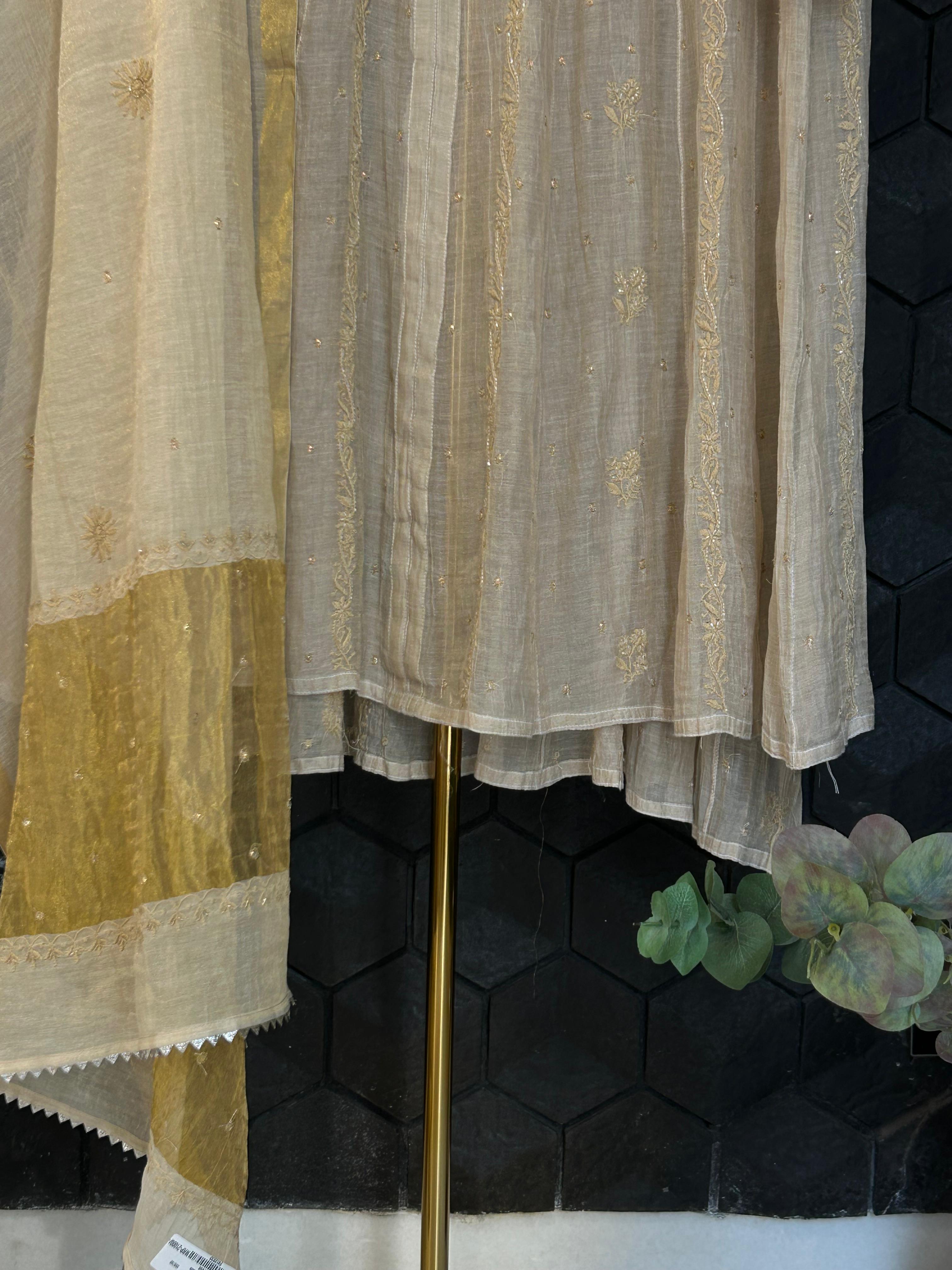 Beige Golden Tissue Chikankari Anarkali Set