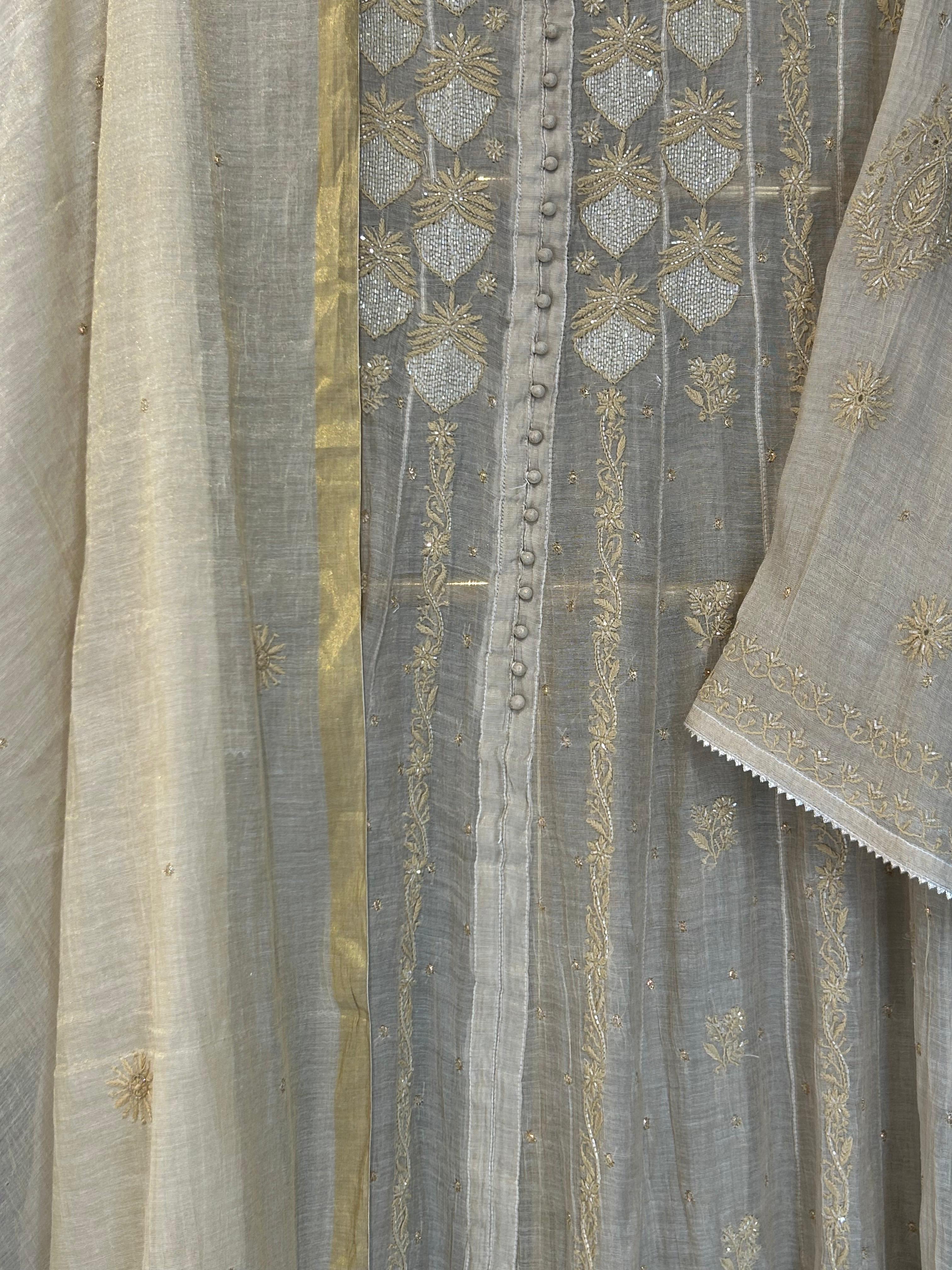 Beige Golden Tissue Chikankari Anarkali Set