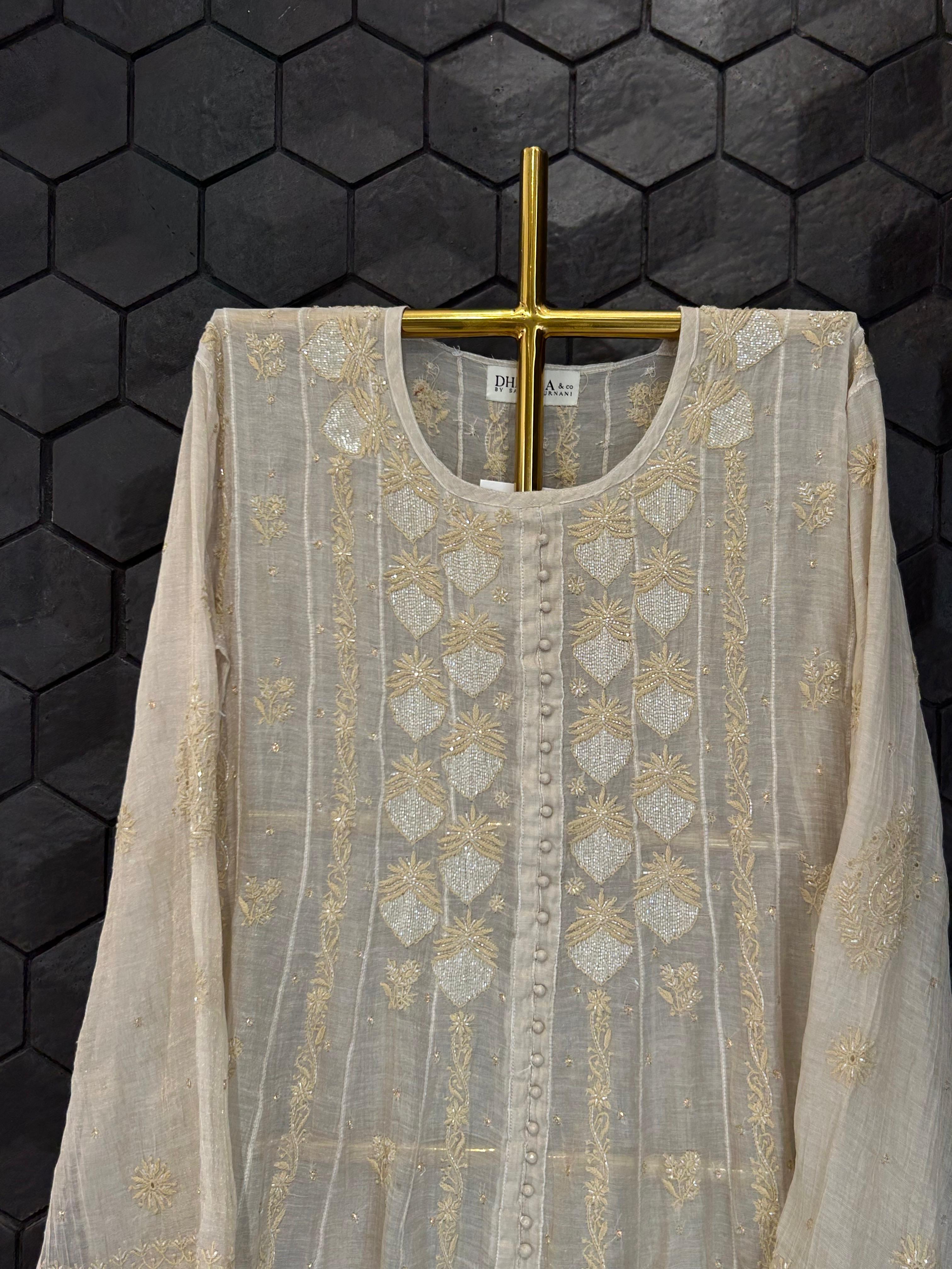 Beige Golden Tissue Chikankari Anarkali Set