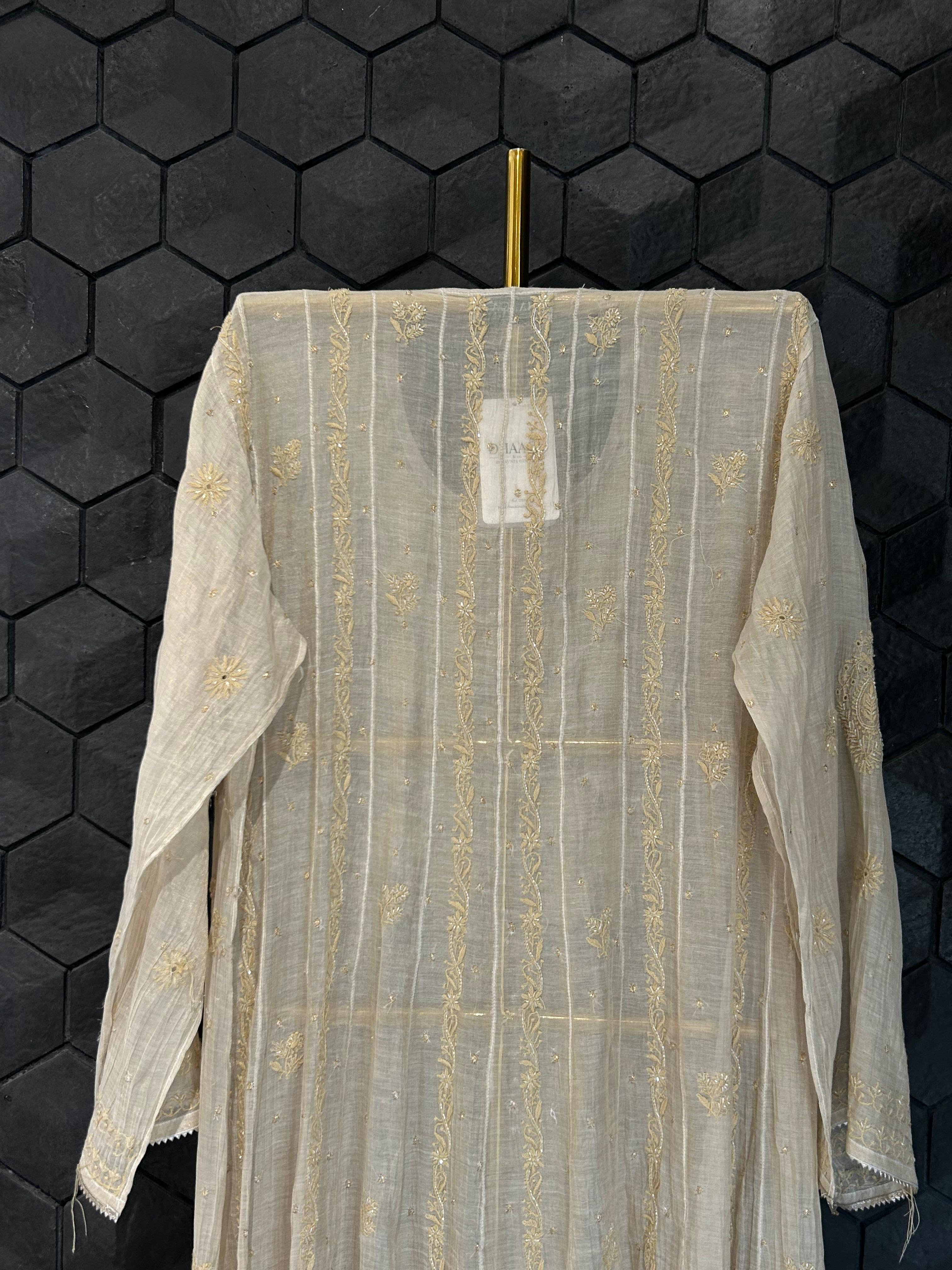 Beige Golden Tissue Chikankari Anarkali Set