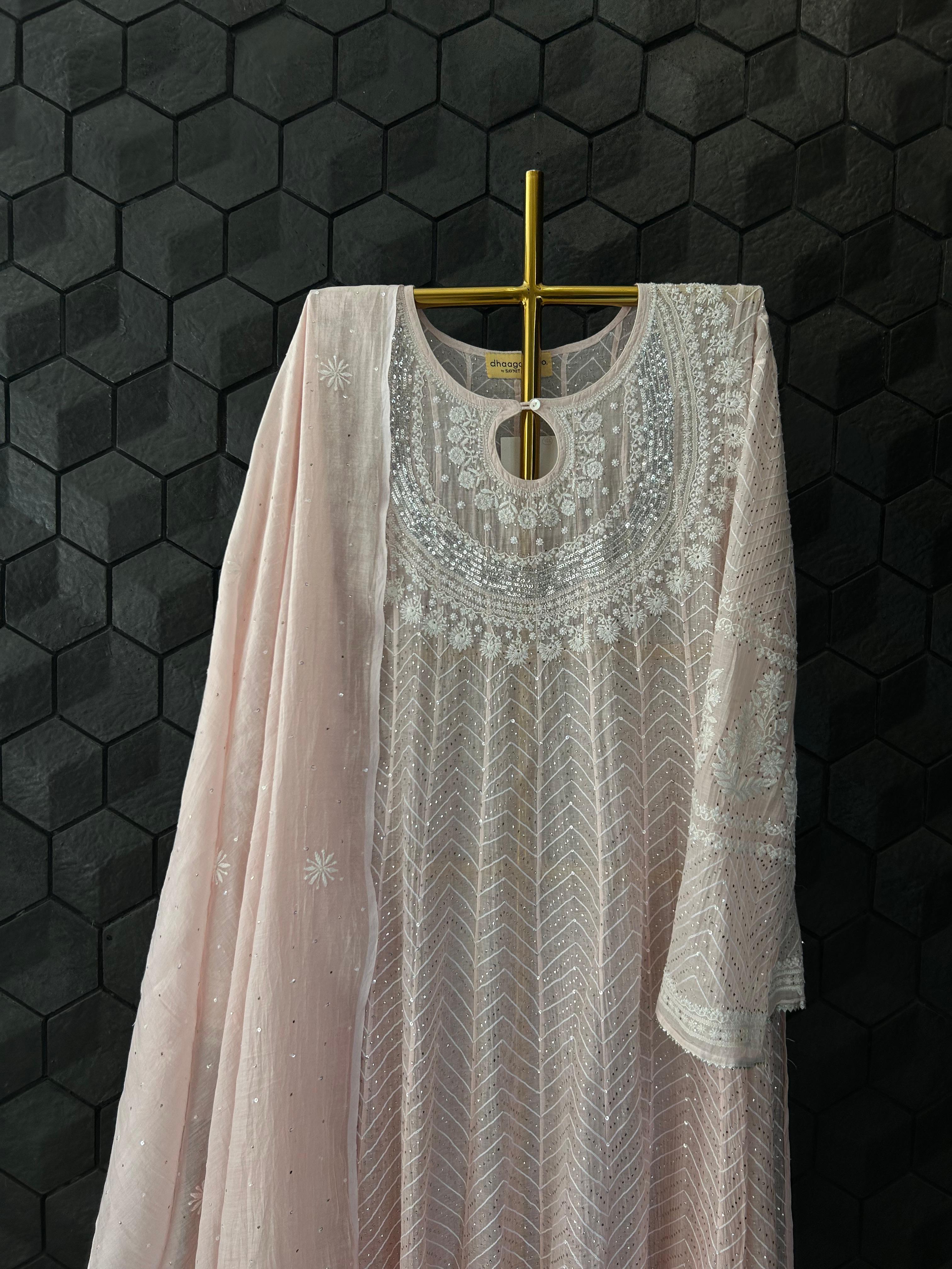 Pink Mul Chanderi Chikankari Anarkali Set