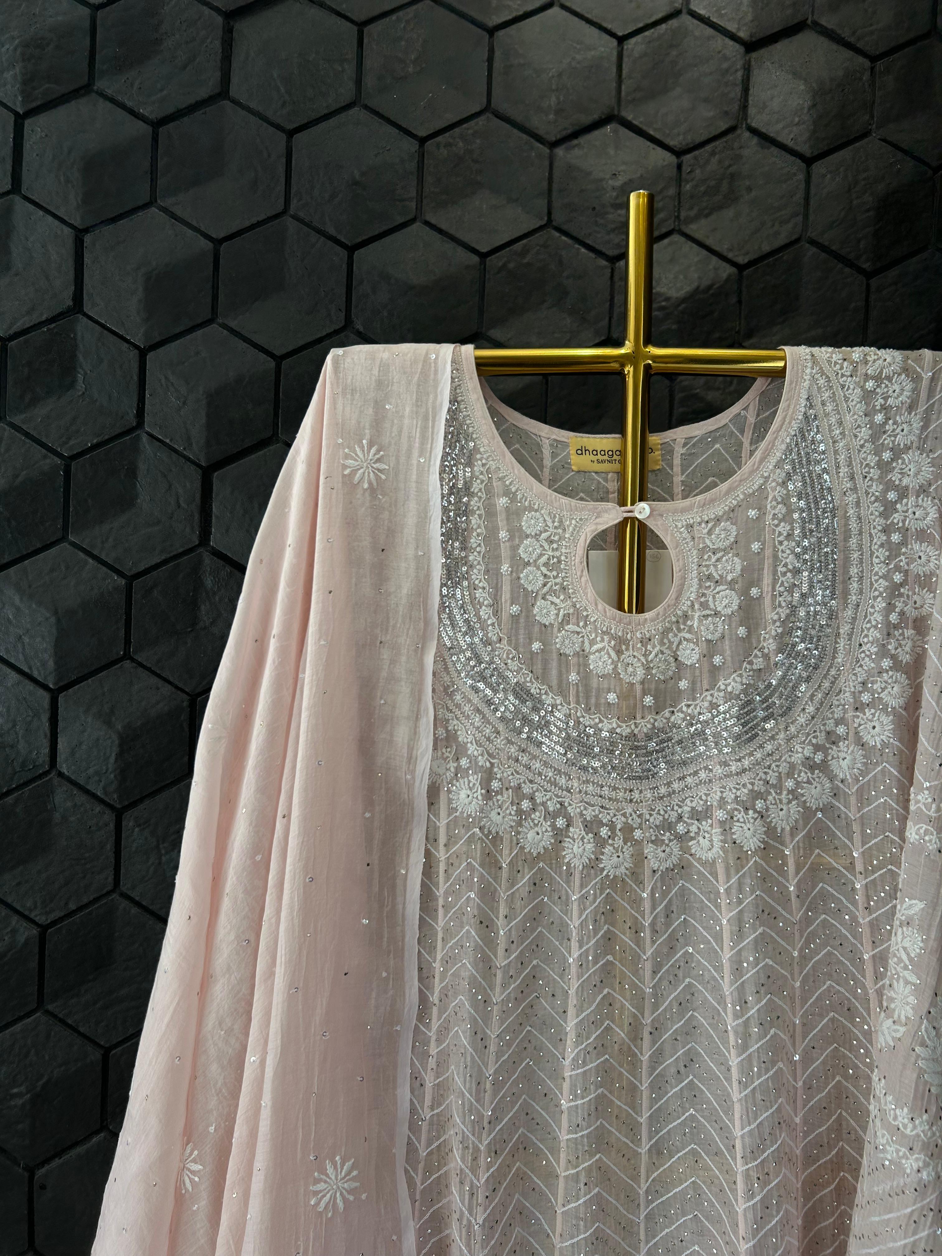 Pink Mul Chanderi Chikankari Anarkali Set