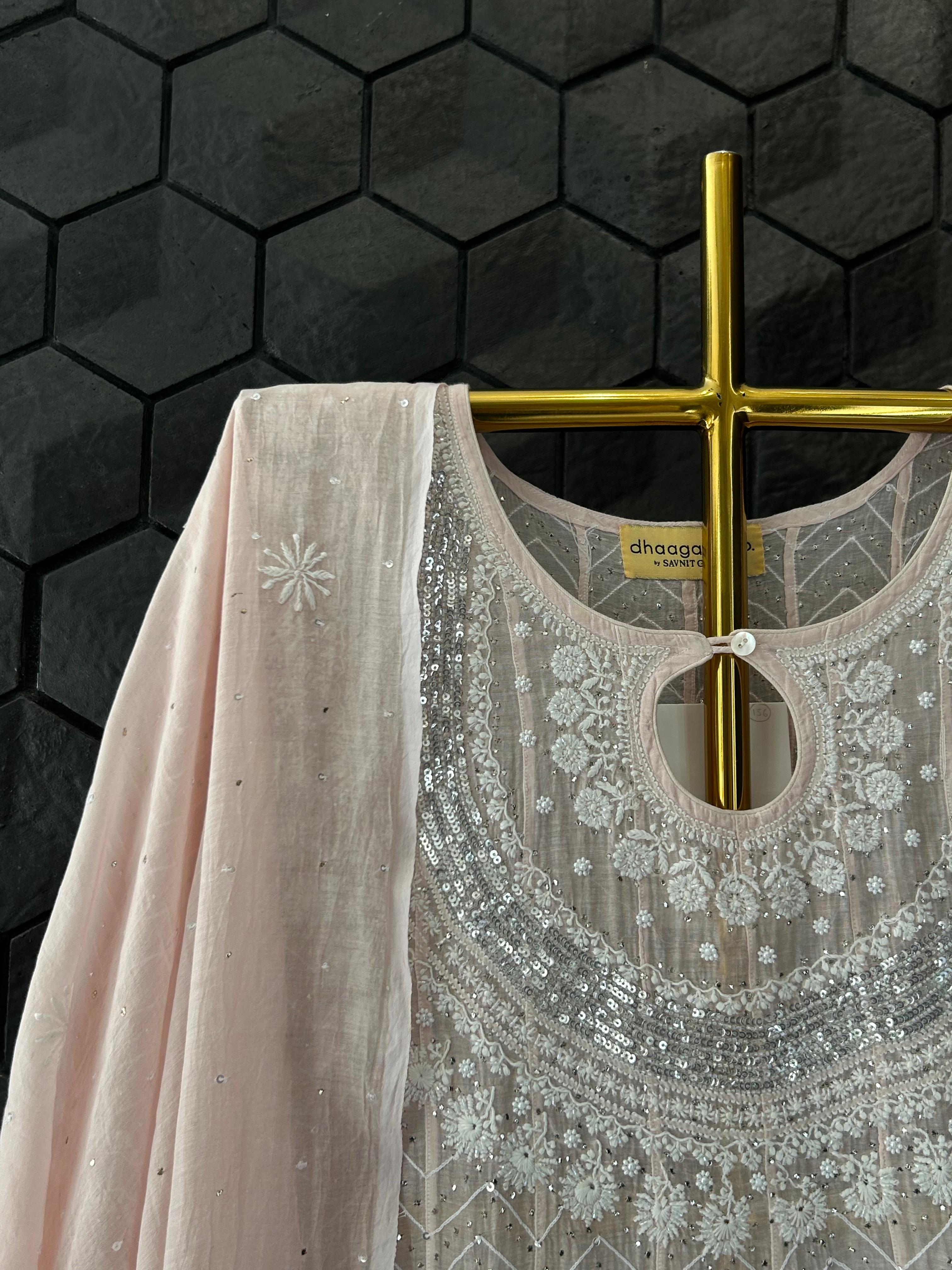 Pink Mul Chanderi Chikankari Anarkali Set