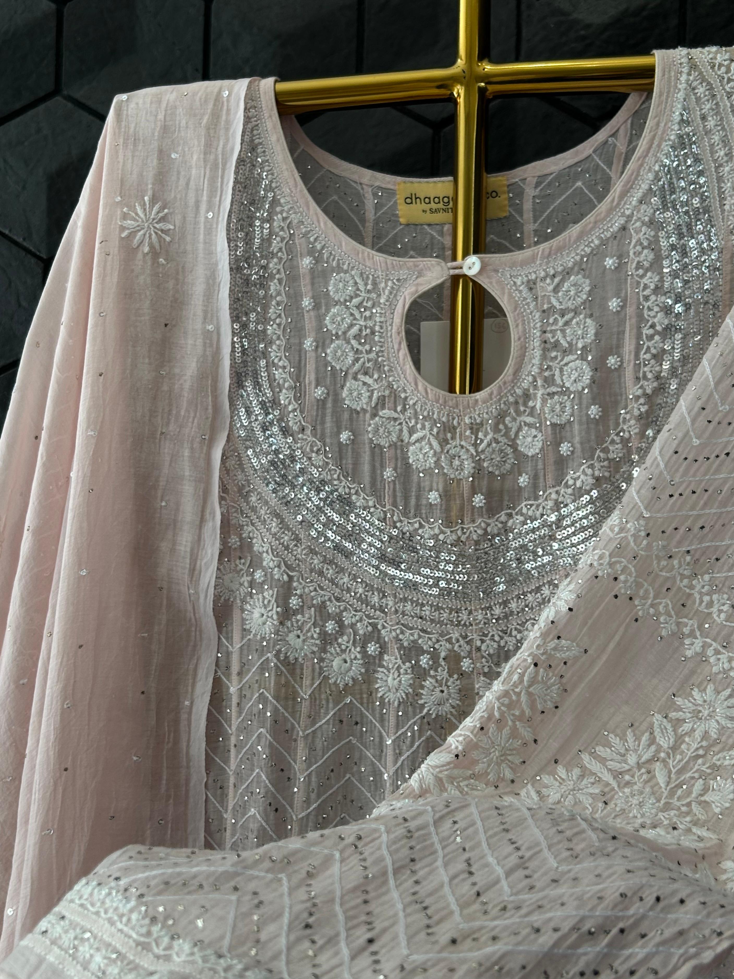 Pink Mul Chanderi Chikankari Anarkali Set
