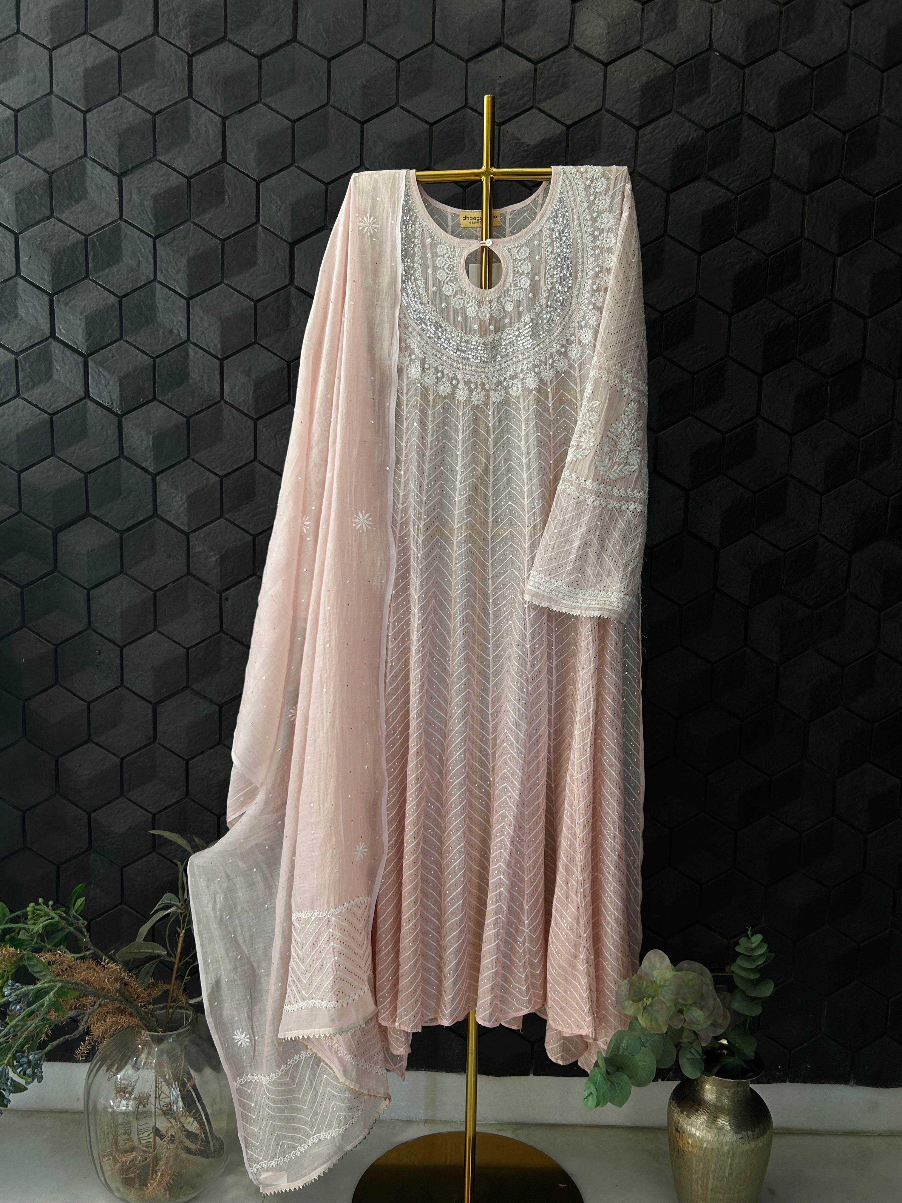 Pink Mul Chanderi Chikankari Anarkali Set