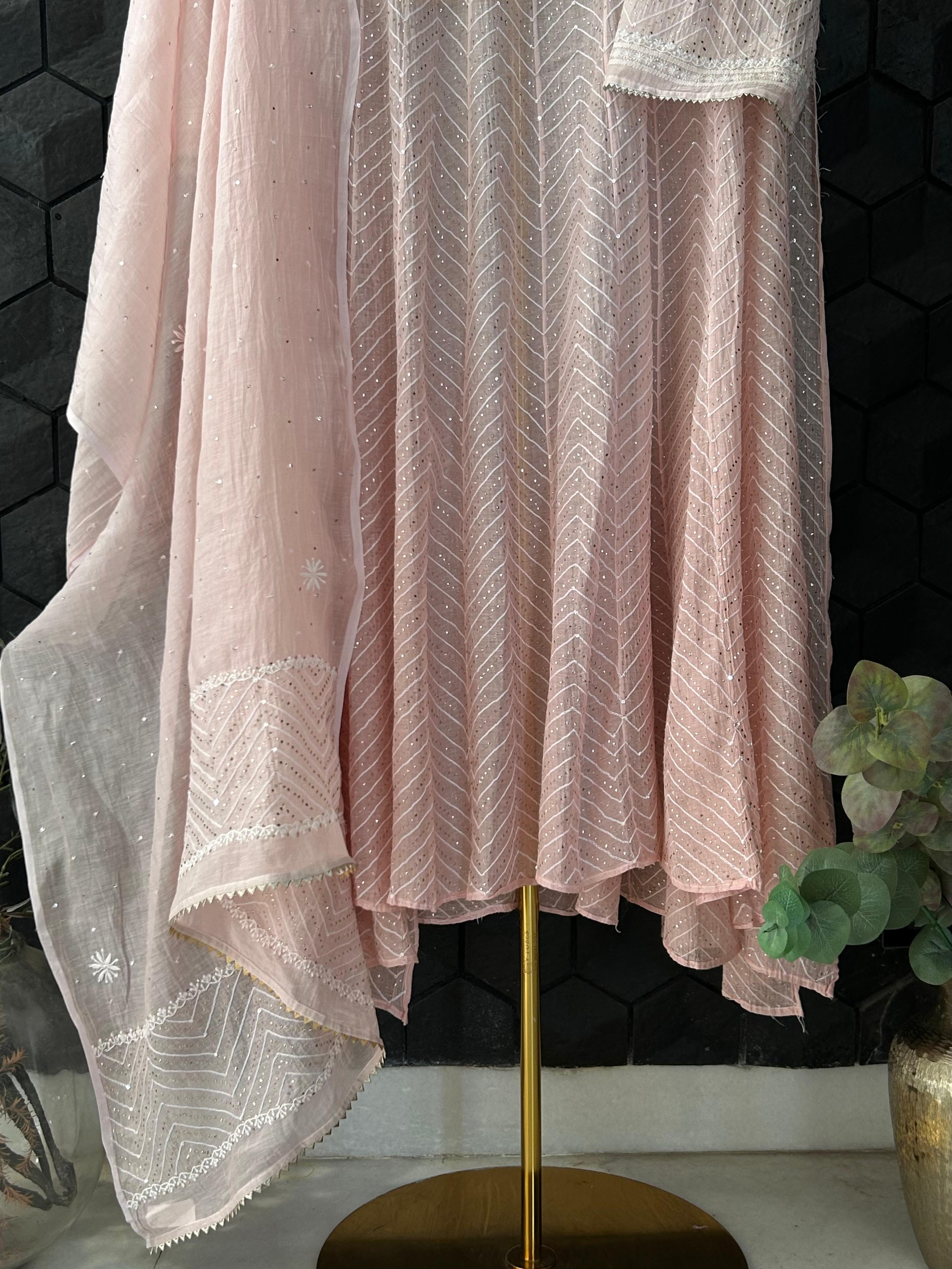 Pink Mul Chanderi Chikankari Anarkali Set