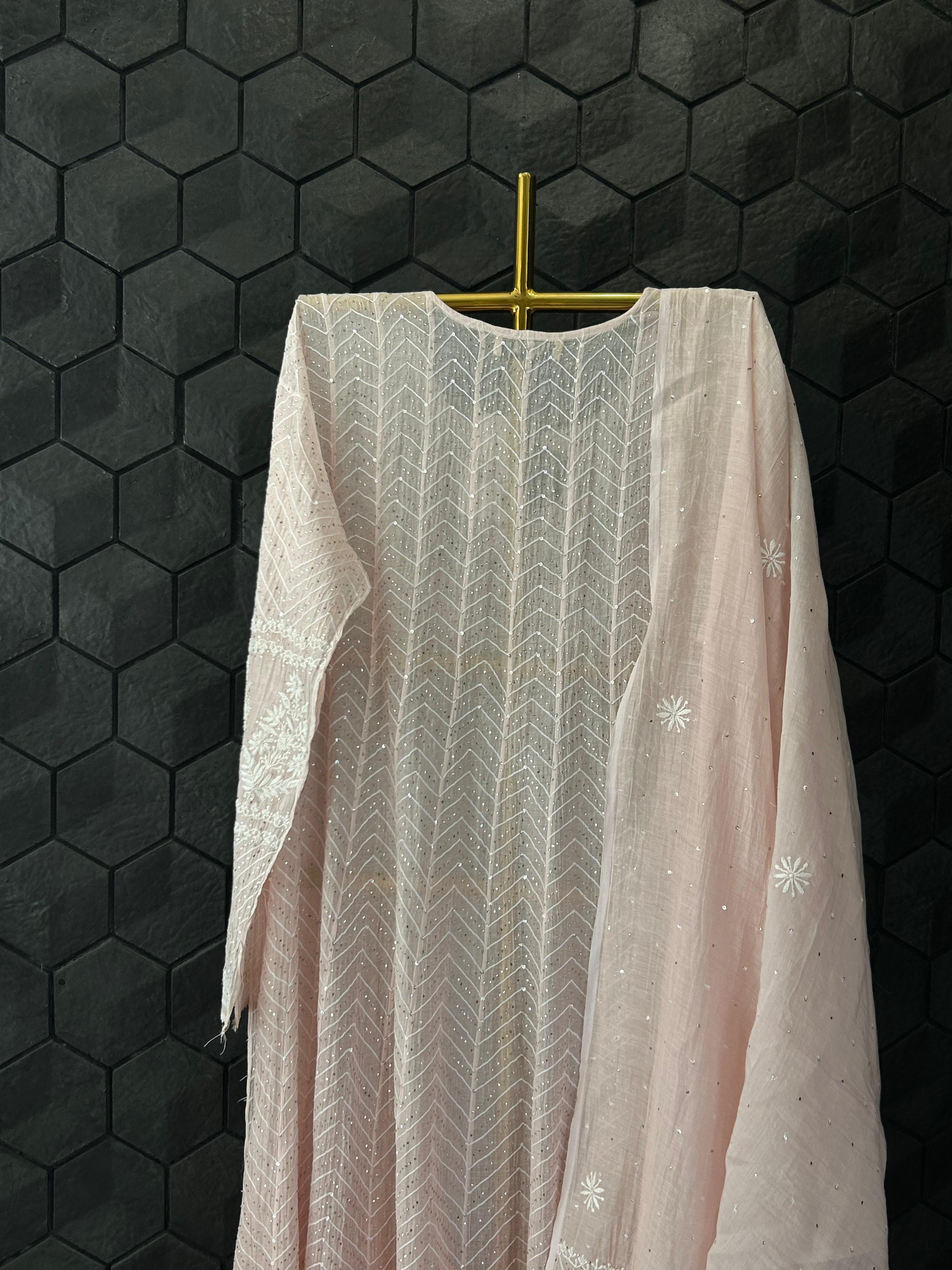 Pink Mul Chanderi Chikankari Anarkali Set