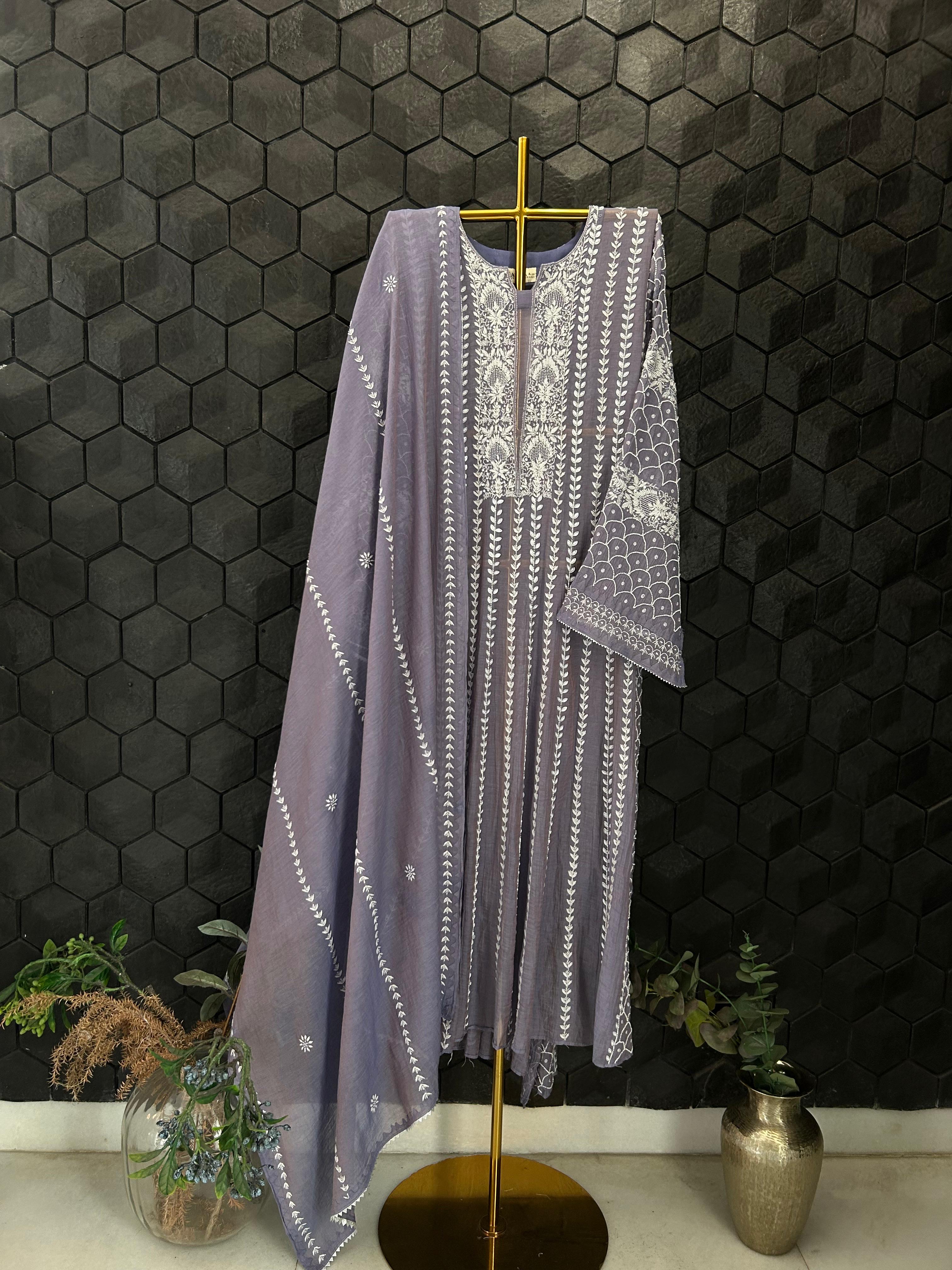 Purple Golden Tissue Chikankari Anarkali Set