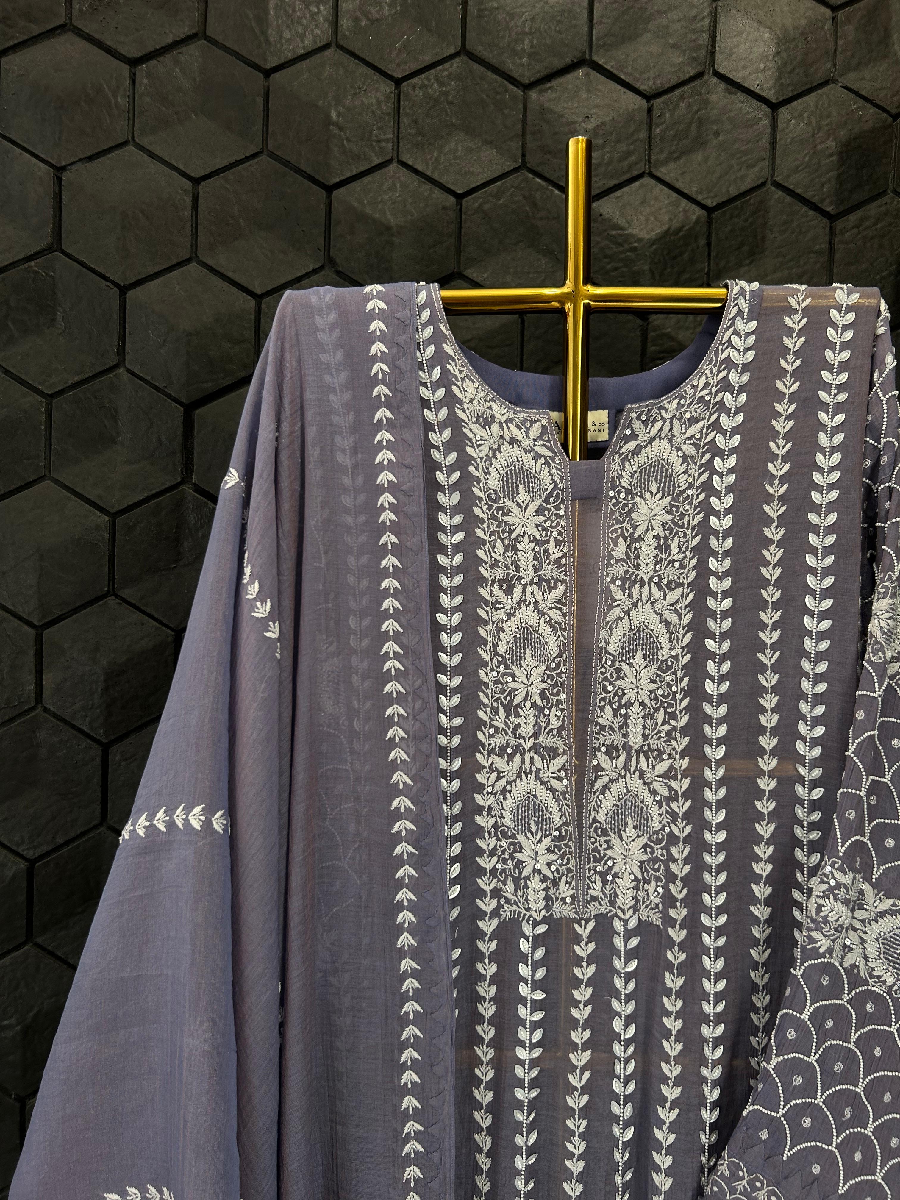 Purple Golden Tissue Chikankari Anarkali Set