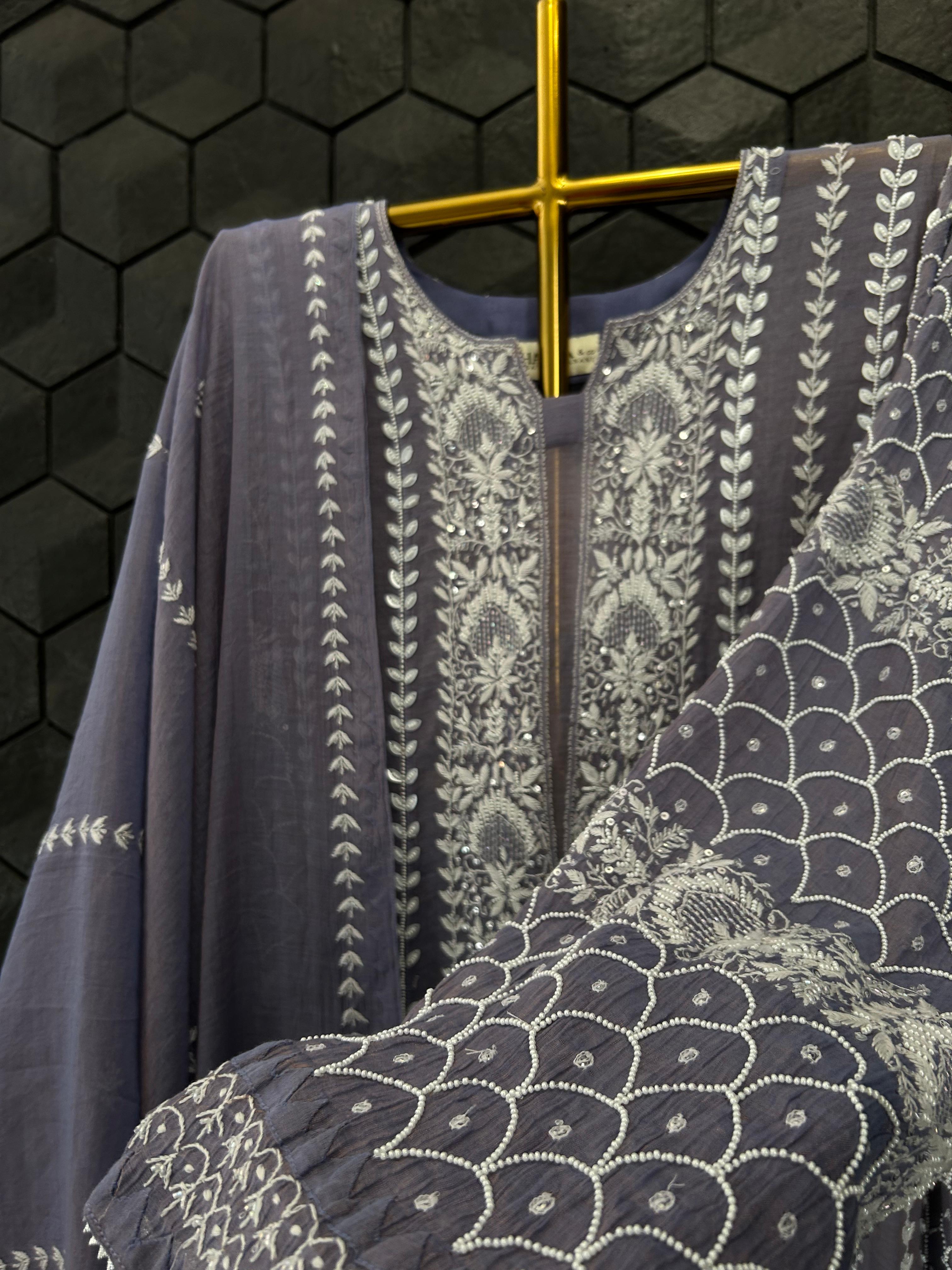 Purple Golden Tissue Chikankari Anarkali Set