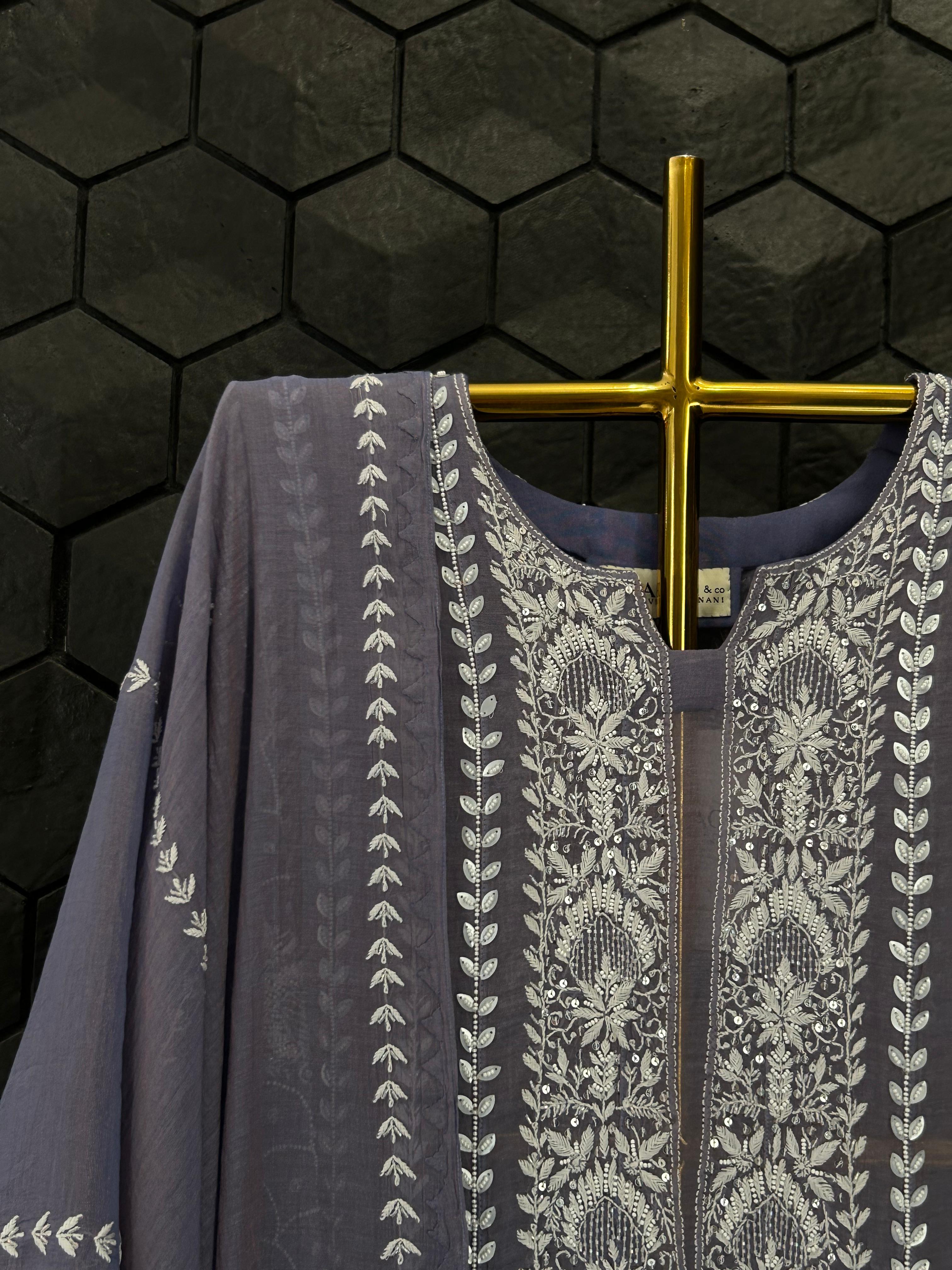 Purple Golden Tissue Chikankari Anarkali Set