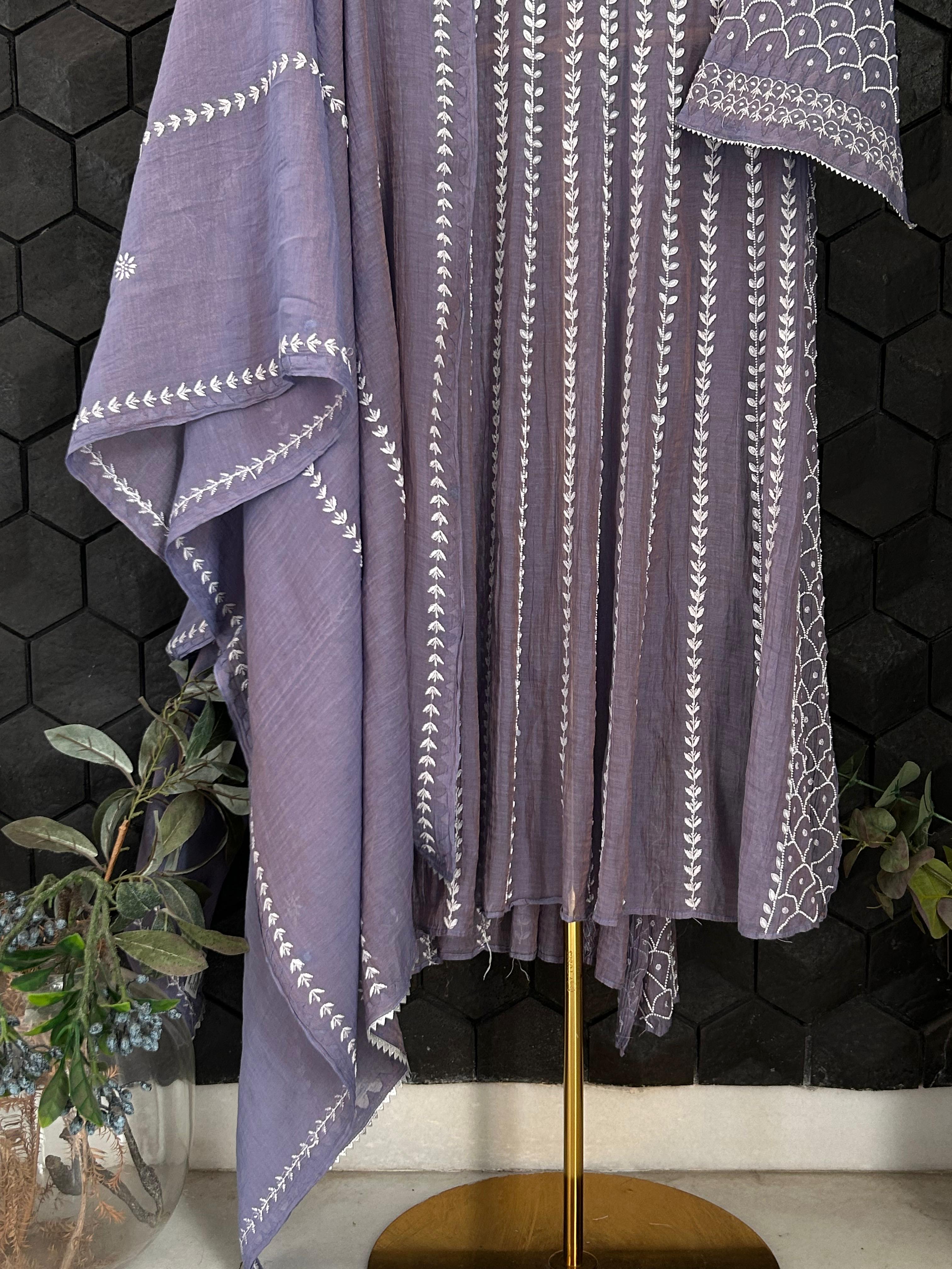 Purple Golden Tissue Chikankari Anarkali Set