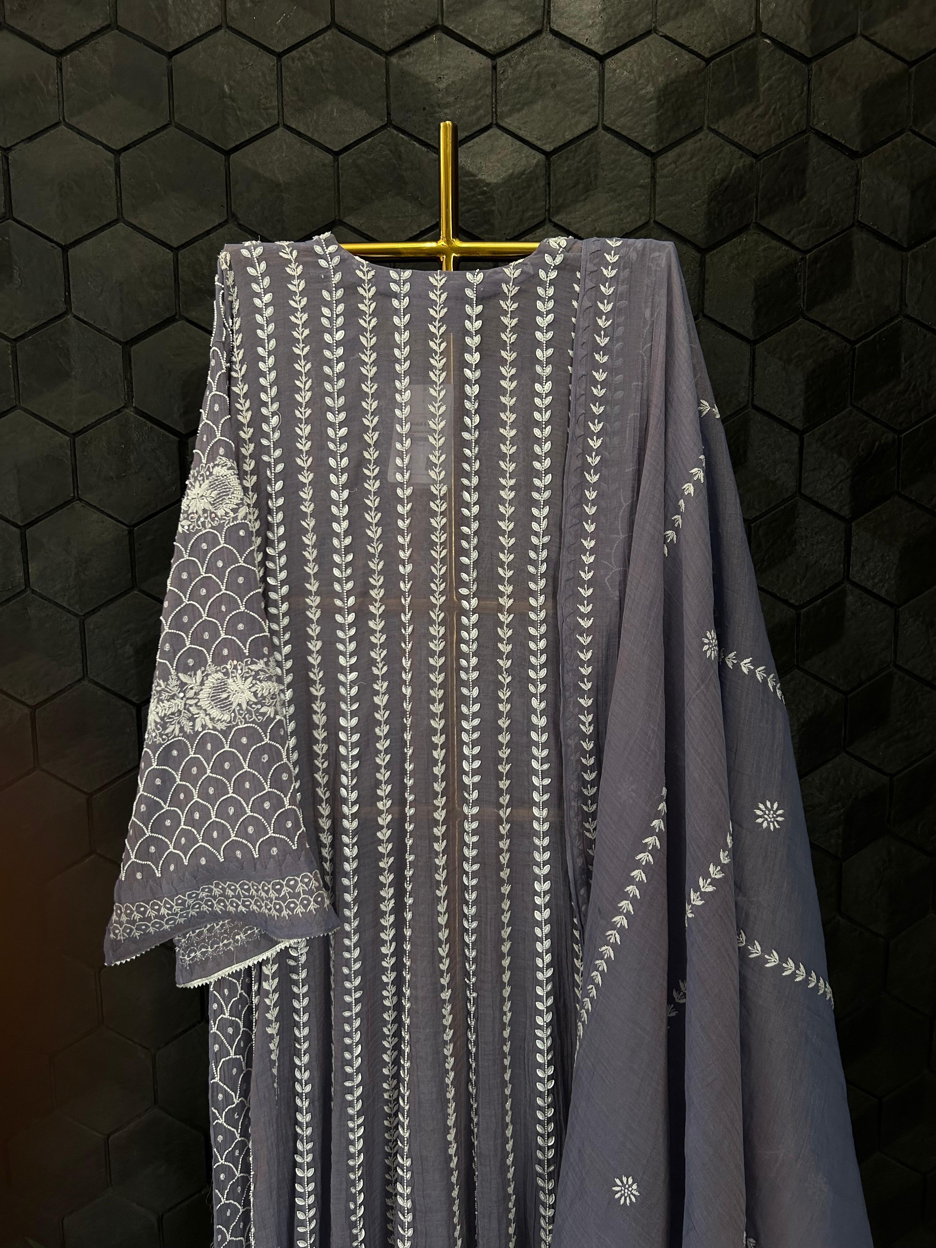 Purple Golden Tissue Chikankari Anarkali Set