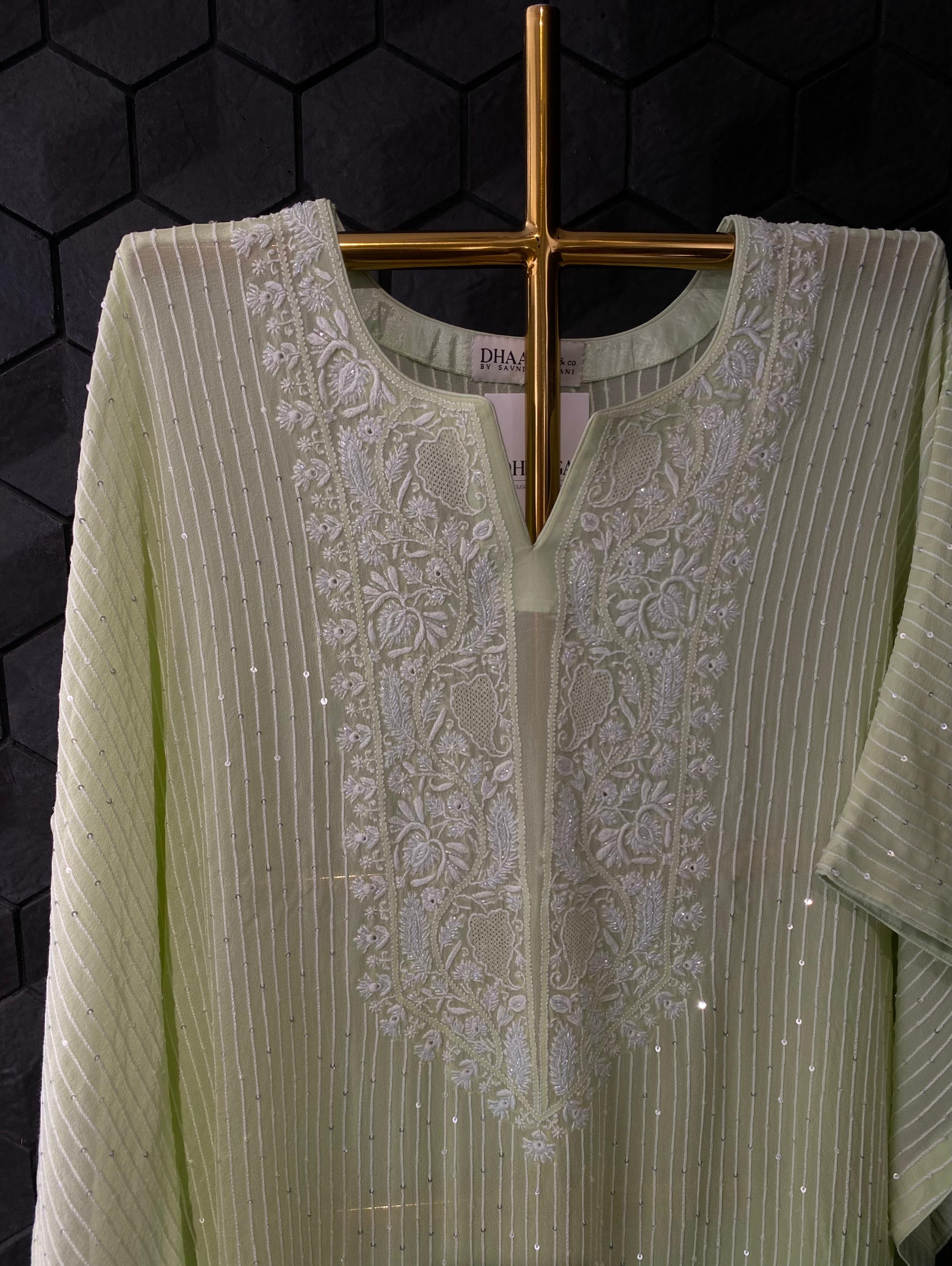 Green Georgette Chikankari Kaftan