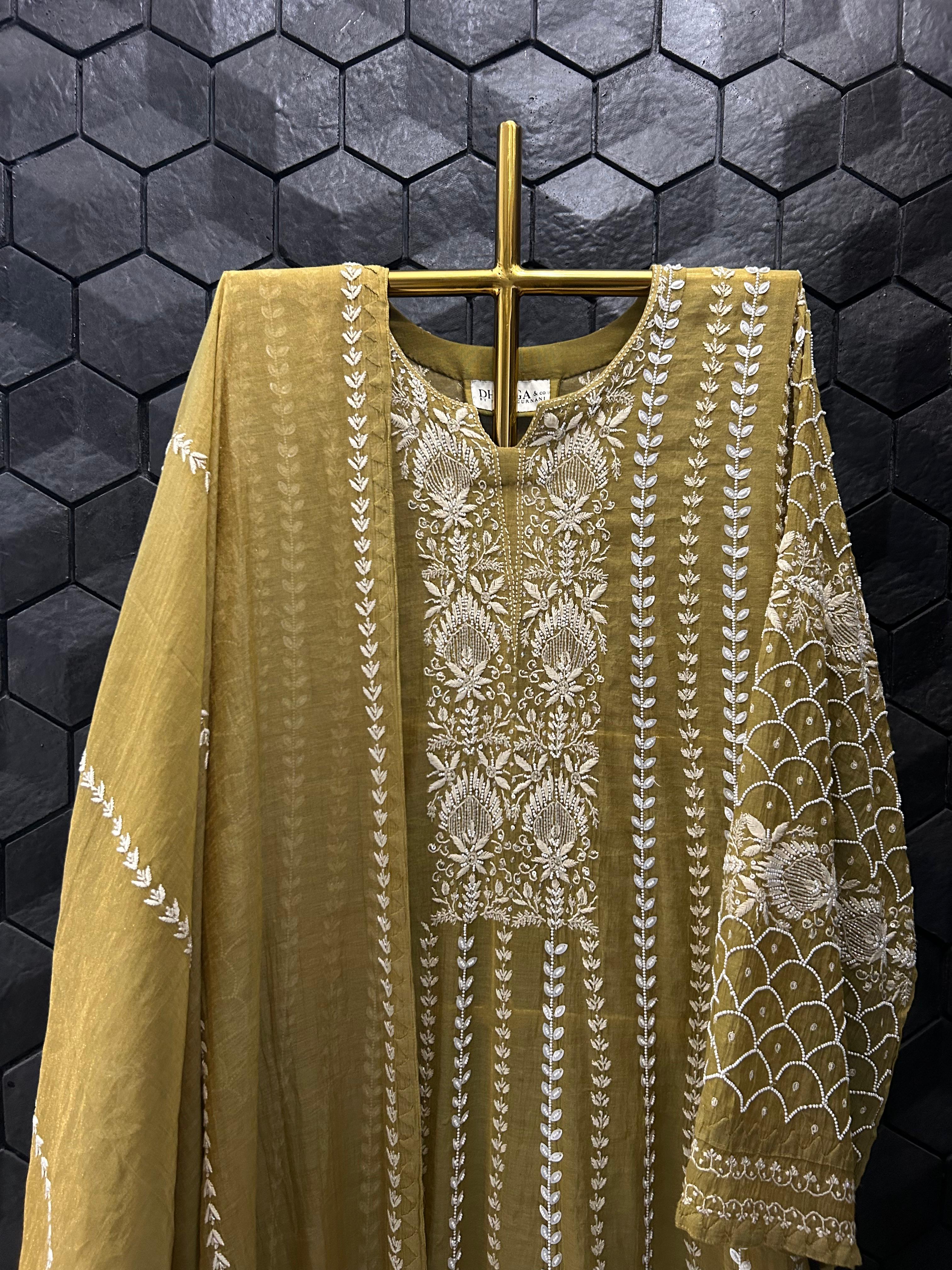 Mehendi Green Tissue Chikankari Anarkali Set