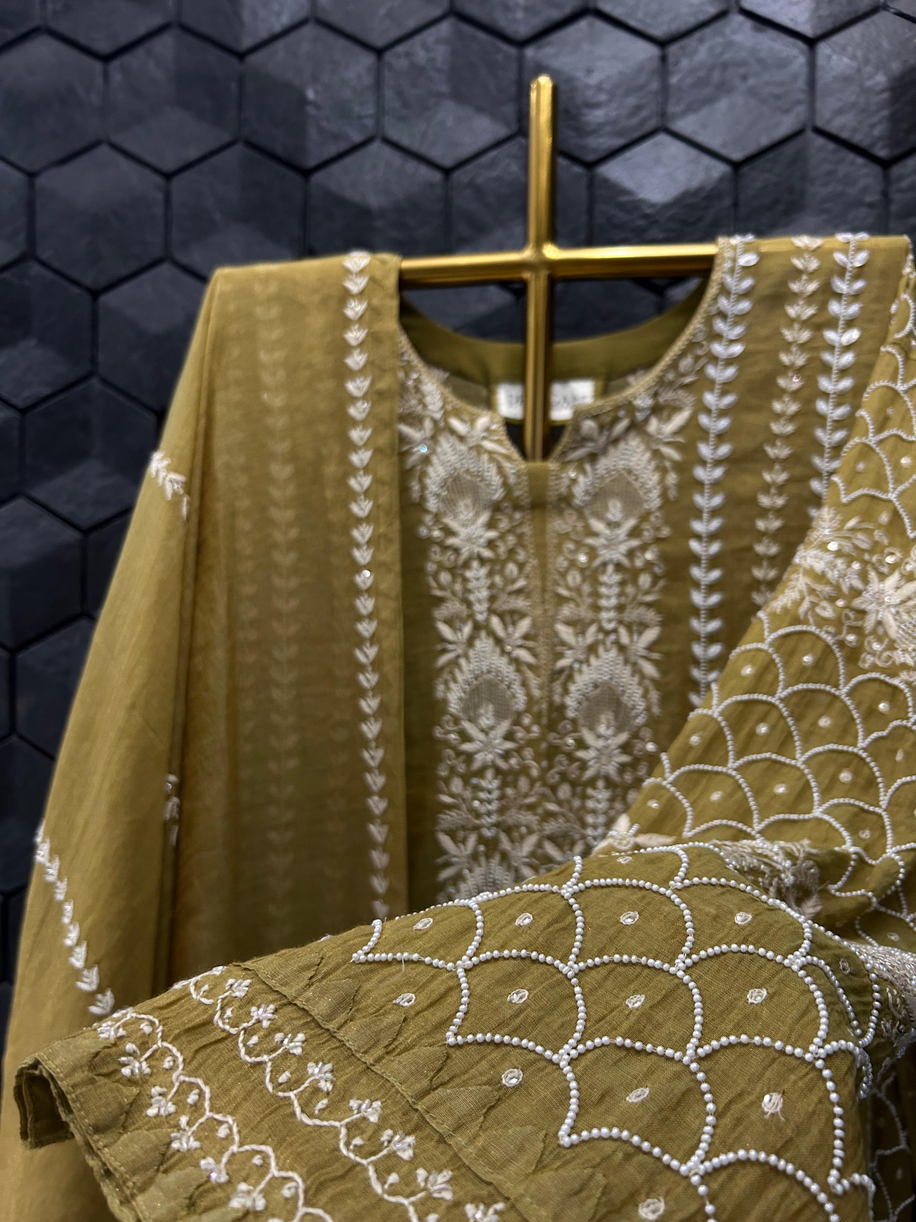 Mehendi Green Tissue Chikankari Anarkali Set