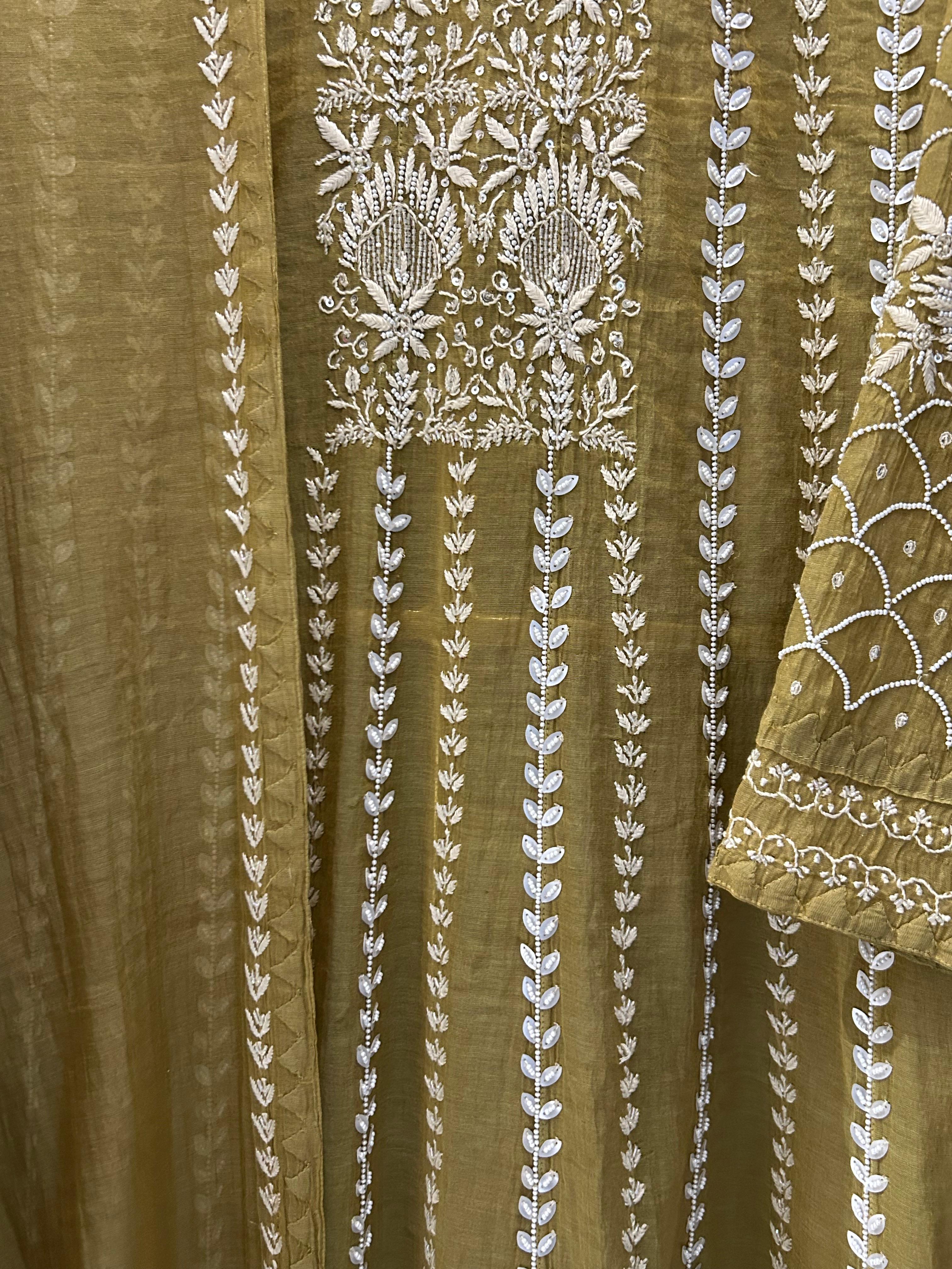Mehendi Green Tissue Chikankari Anarkali Set