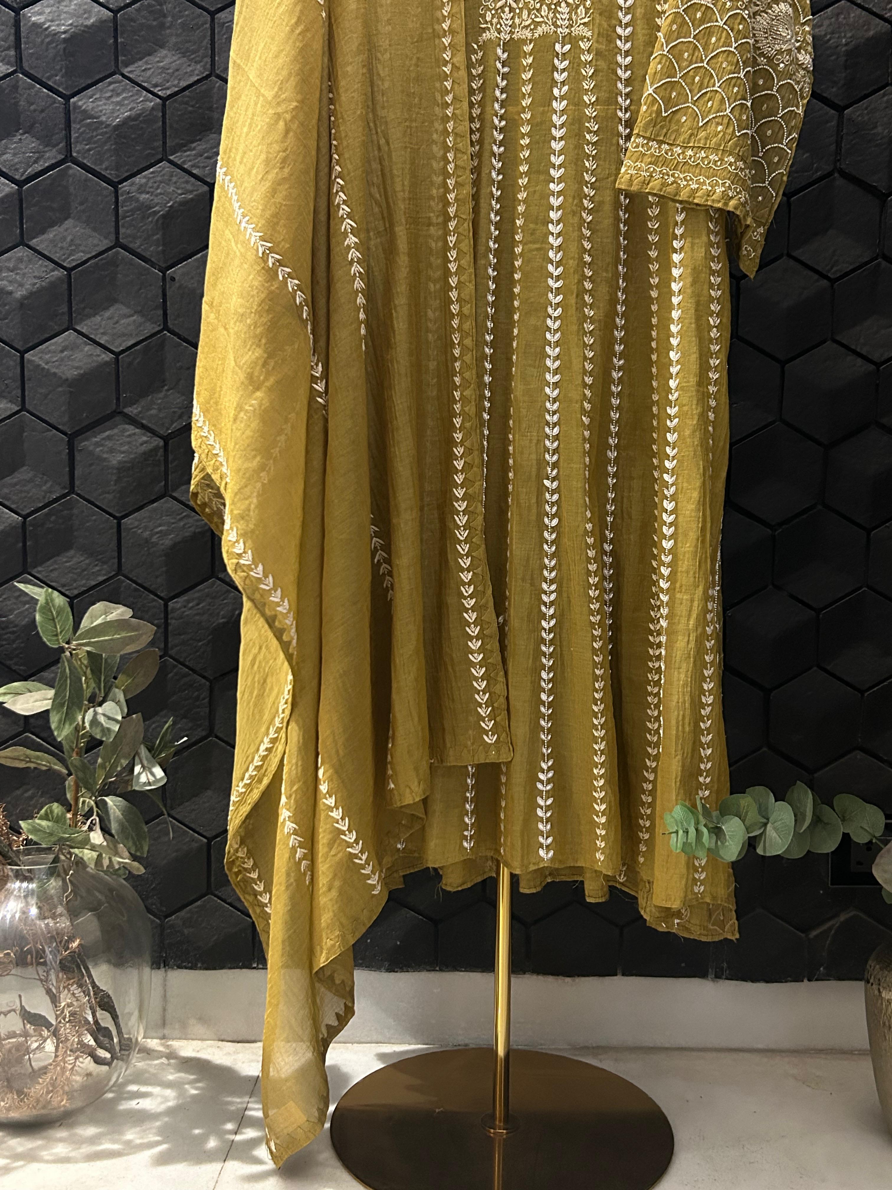 Mehendi Green Tissue Chikankari Anarkali Set
